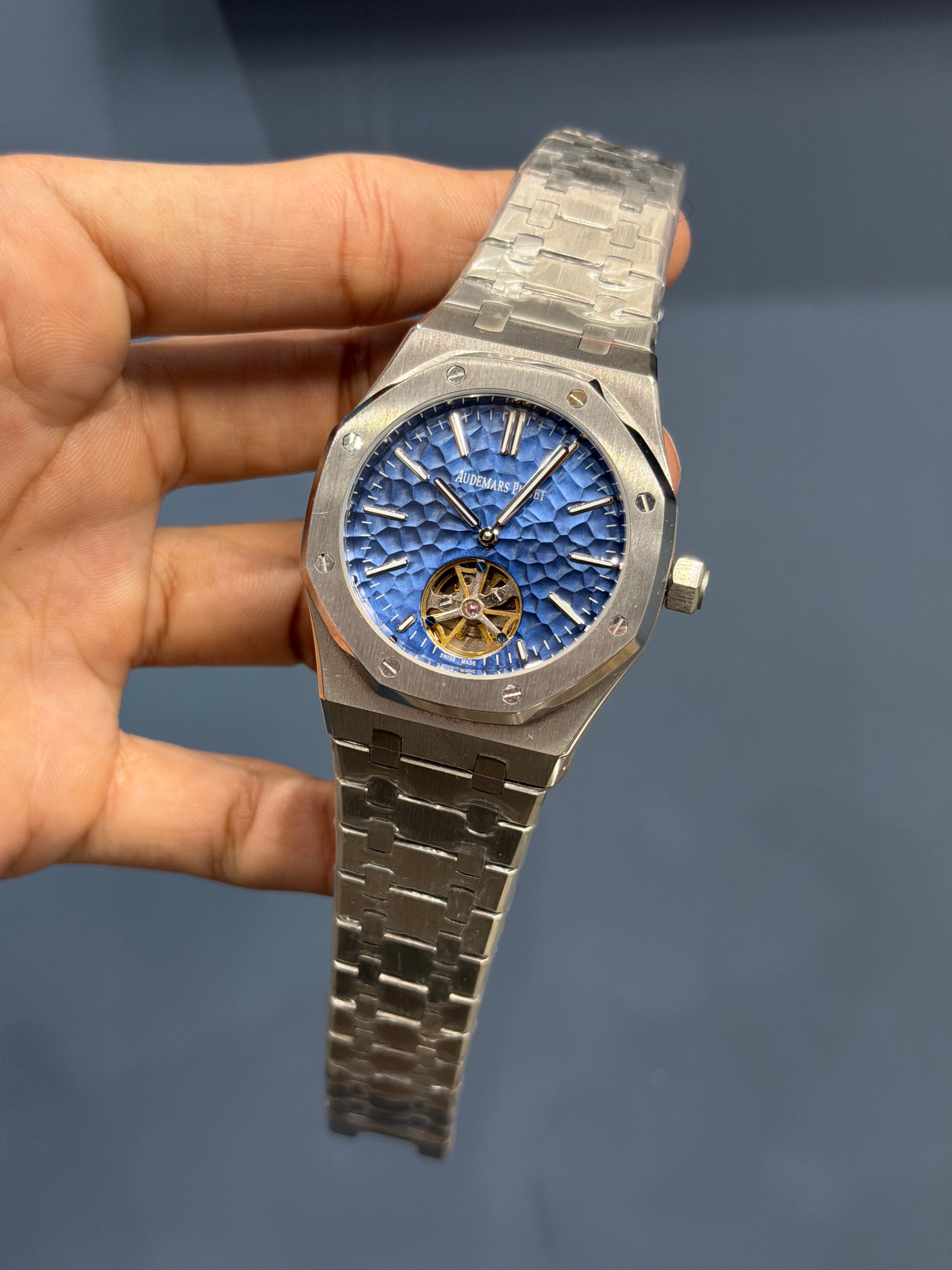 NEW COLLECTION TOURBILLON SILVER WITH BLUEISH DIAL AUTOMATIC WATCH