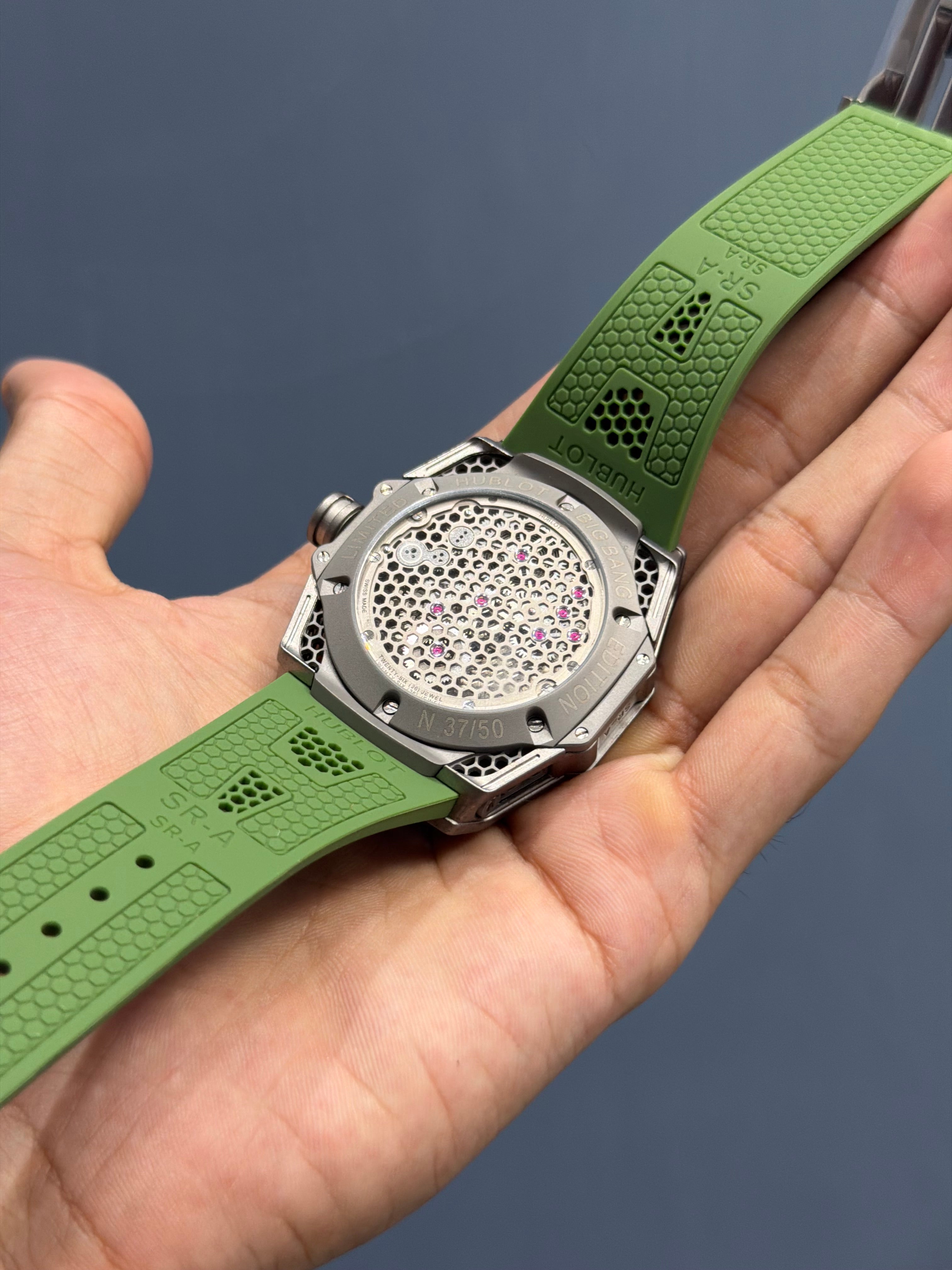 NEW COLLECTION HUBLOT BIG BANG TOURBILLION EDITION GREEN STRAP SILVER SKELETON DIAL