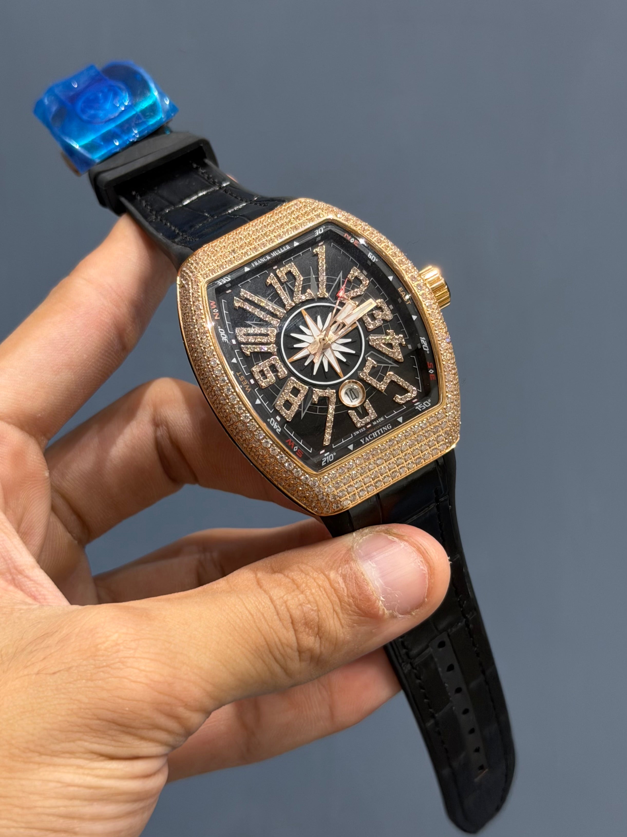 NEW COLLECTION ROSE GOLD STONE CASE BLACK DIAL WITH BLACK STRAP