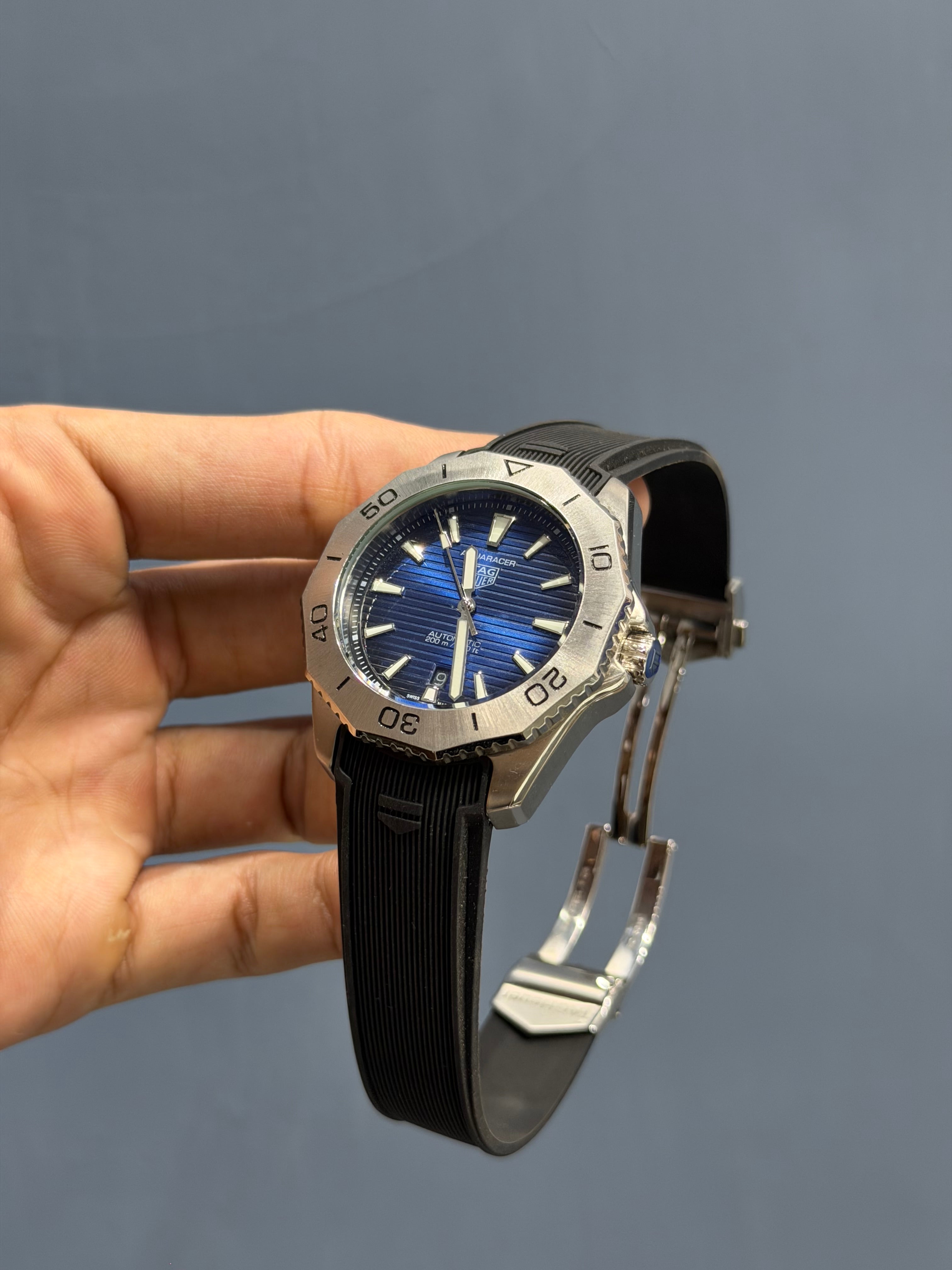 NEW COLLECTION SILVER WITH BLUE  DIAL & BLACK SILICONE STRAP AUTOMATIC WATCH