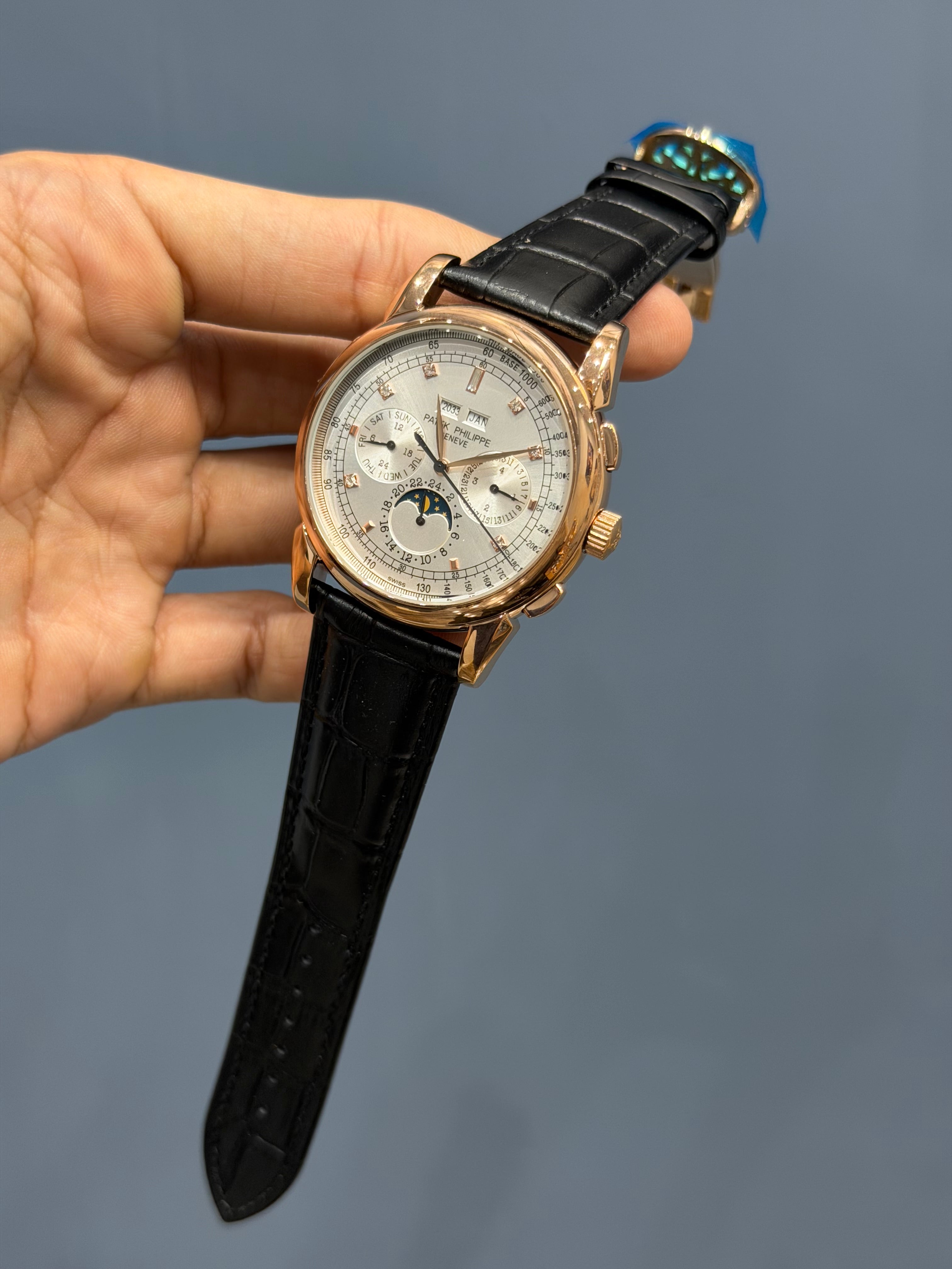 NEW COLLECTION CHRONOGRAPH ROSE CASE WITH STONE WHITE DIAL & LEATHER STRAP