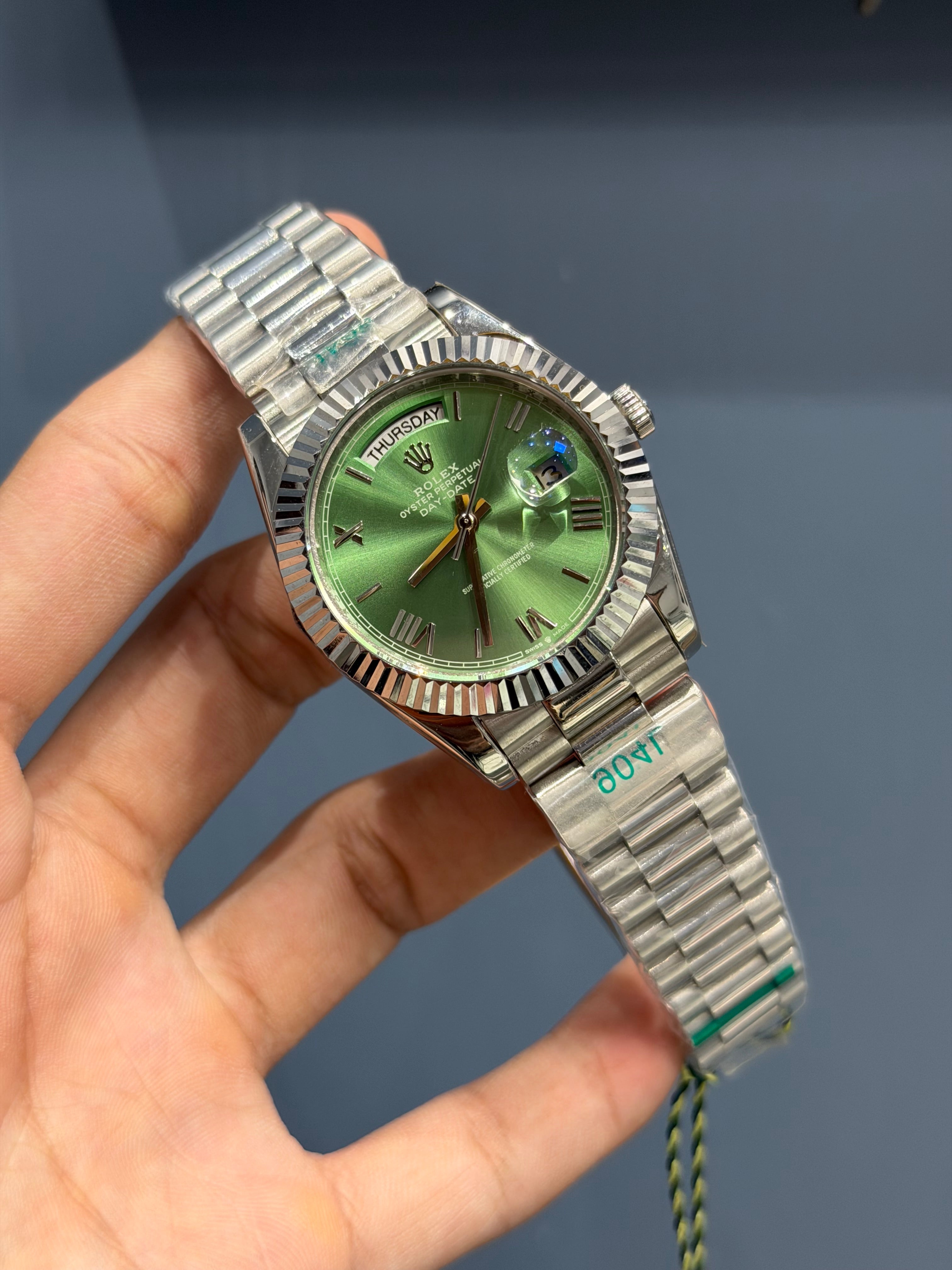 NEW COLLECTION 40MM SILVER WITH GREEN DIAL ROMAN NUMERAL & FLUTED BEZEL YZ FACTORY