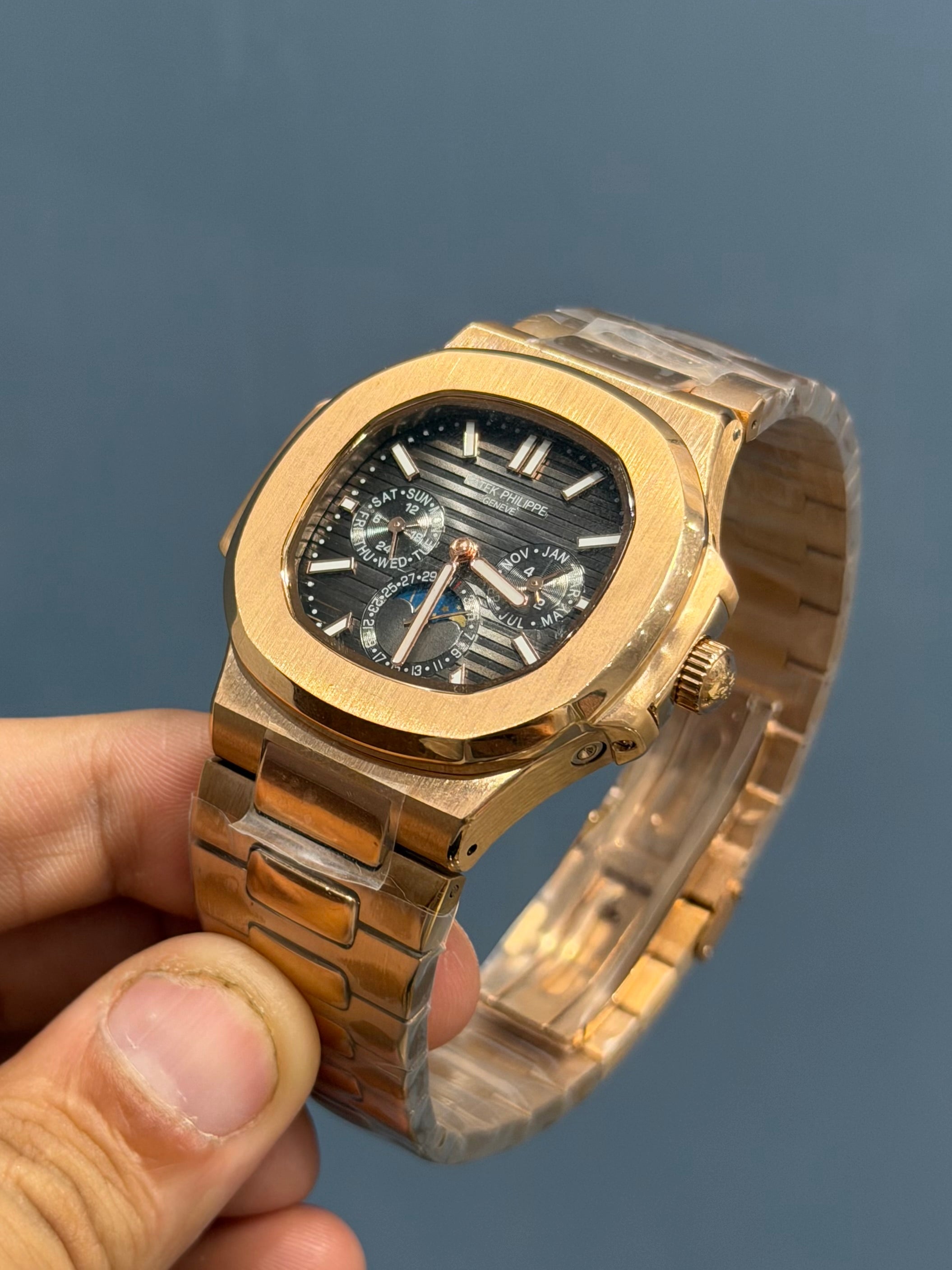 NEW COLLECTION MOON PHASE CHRONOGRAPH ROSE CASE WITH GREY DIAL AUTOMATIC WATCH