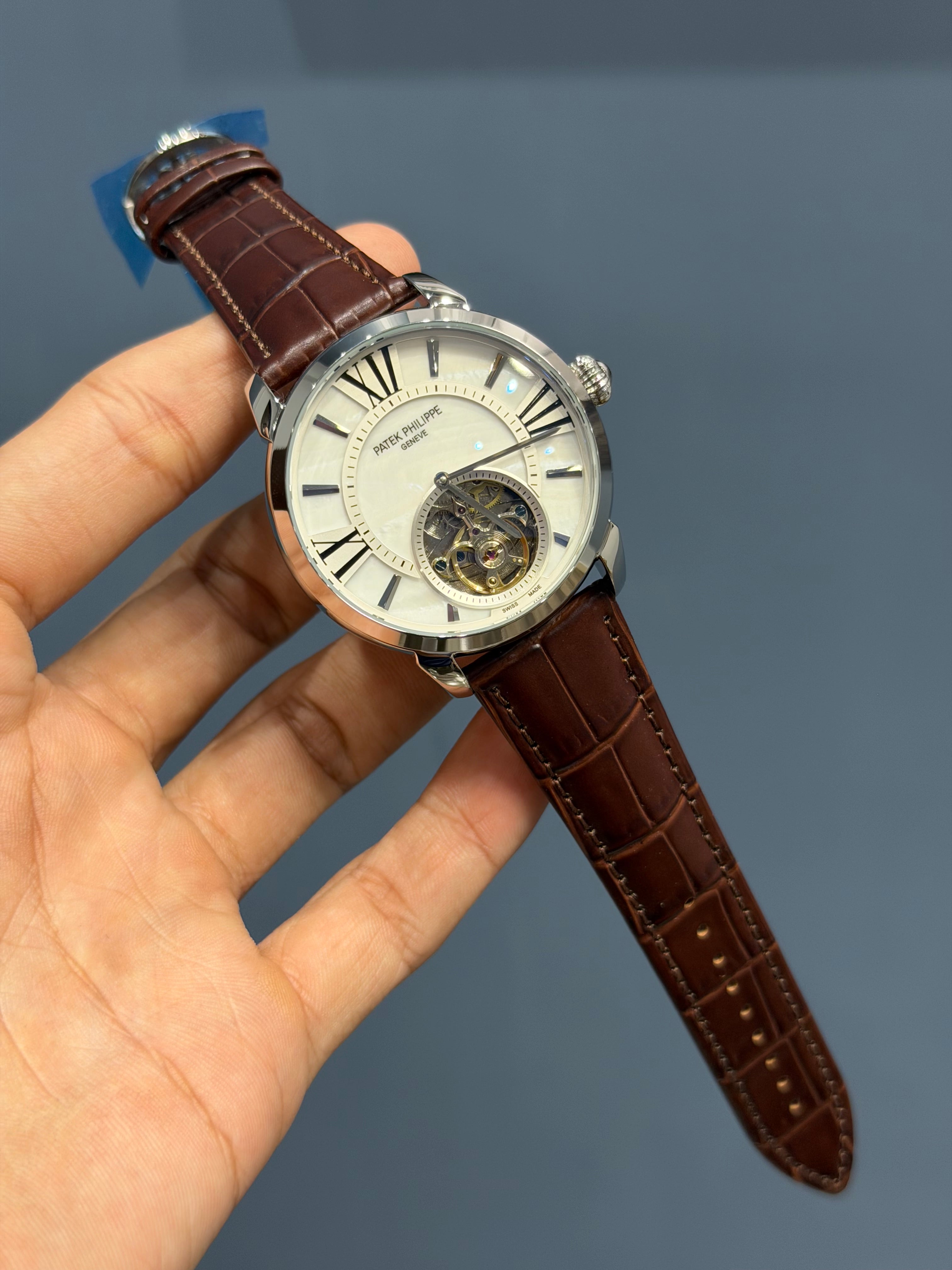 NEW COLLECTION TOURBILLON SILVER CASE WITH WHITE DIAL & BROWN LEATHER STRAP