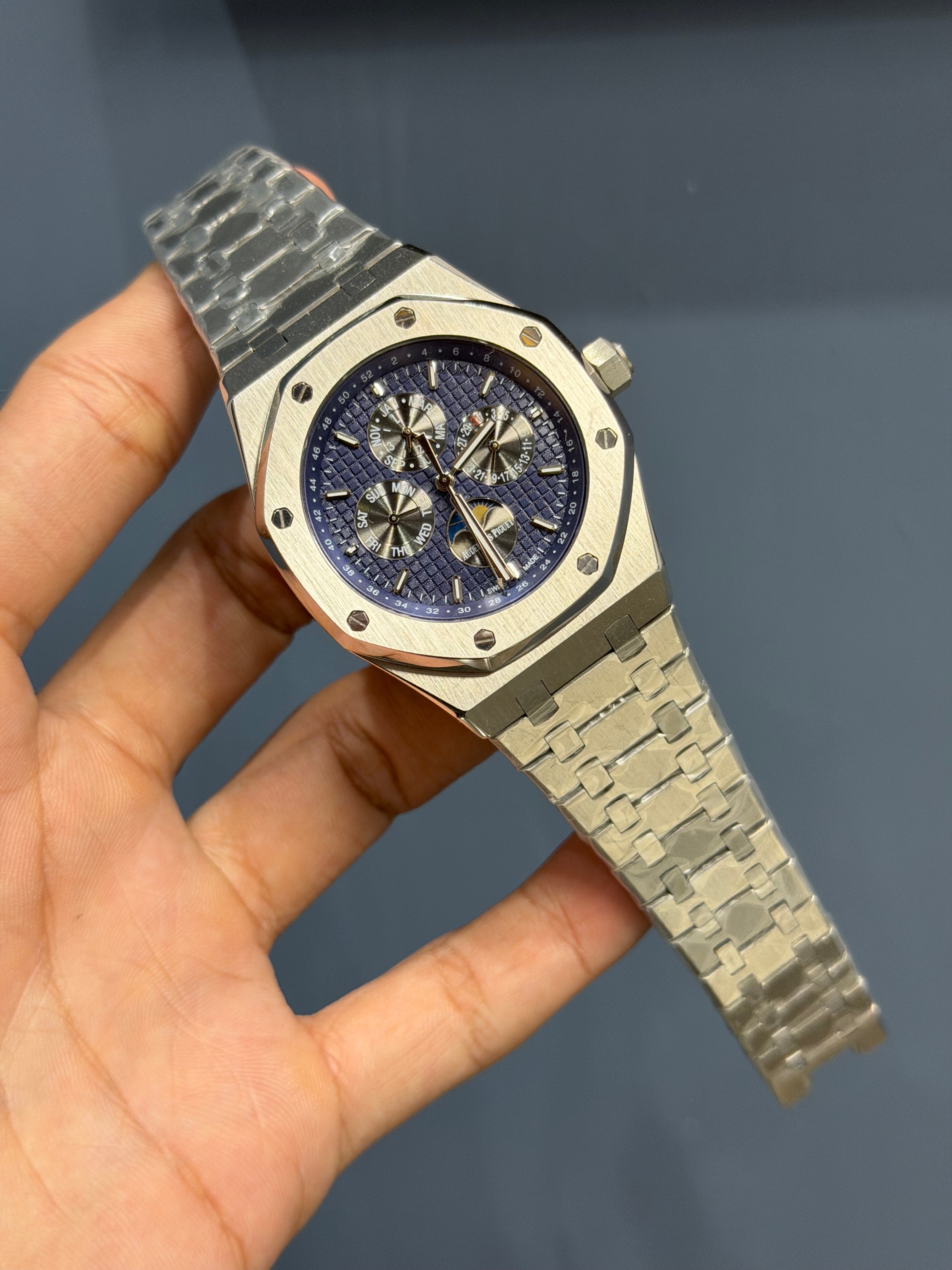 NEW COLLECTION PERPETUAL CALENDAR SILVER STAINLESS STEEL WITH BLUE DIAL CHAIN WATCH