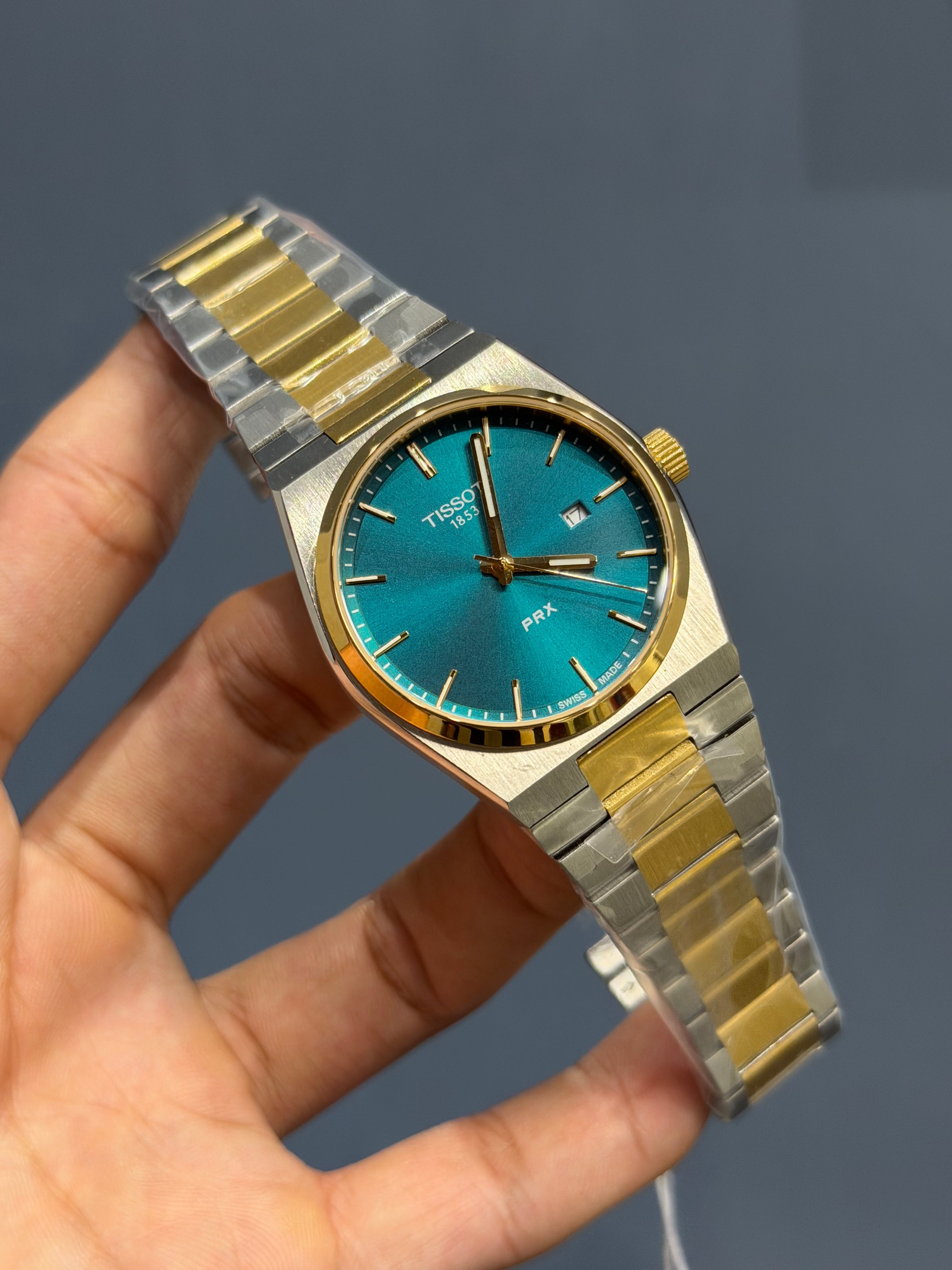 NEW COLLECTION TWOTONE GOLD & SEA GREEN PLAIN DIAL STAINLESS STEEL QUARTZ WATCH