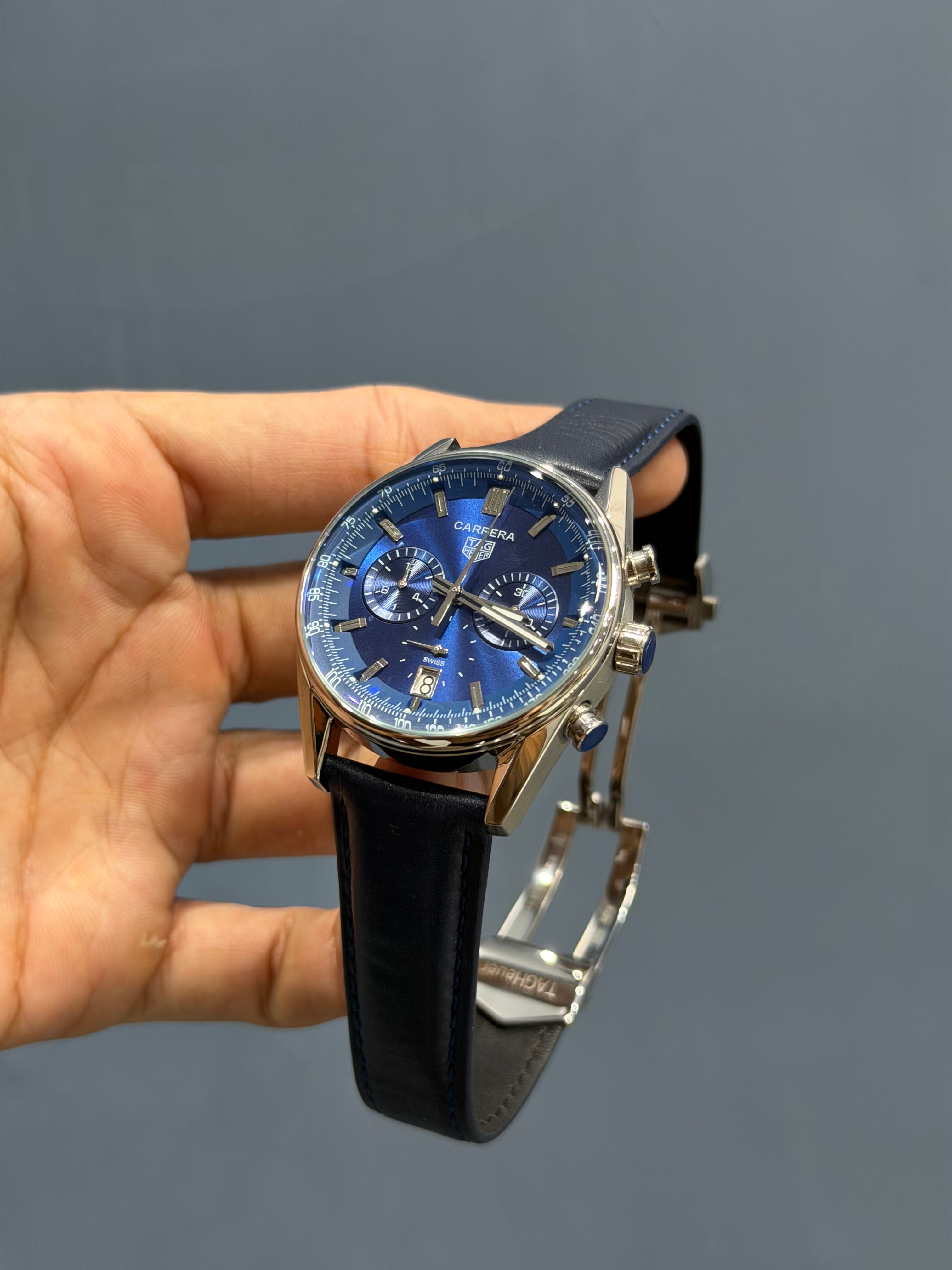 NEW COLLECTION CALIBRE CHRONOGRAPH SILVER WITH BLUE DIAL BLUE LEATHER STRAP