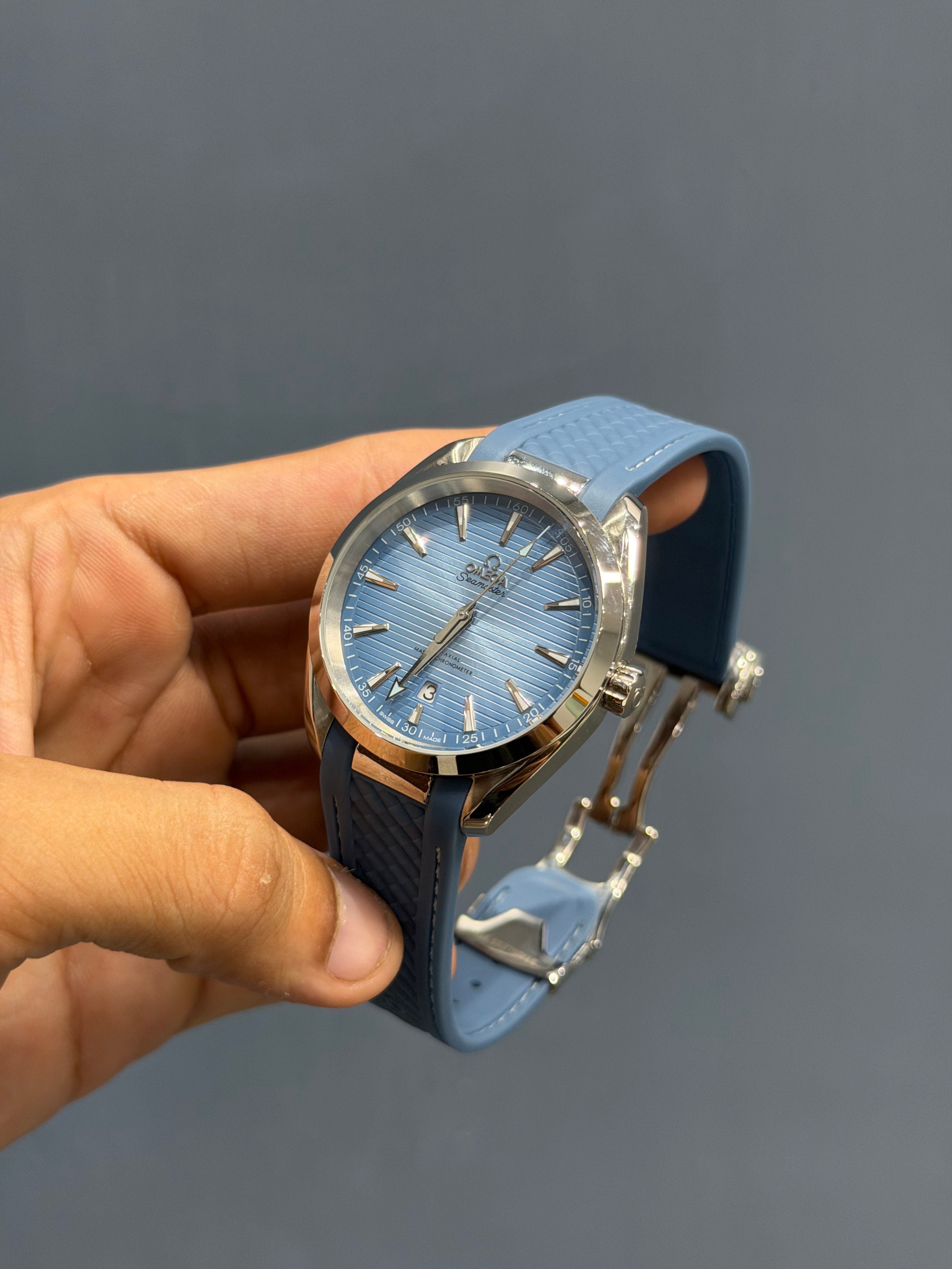 NEW COLLECTION SILVER CASE WITH SKY BLUE DIAL & RUBBER STRAP