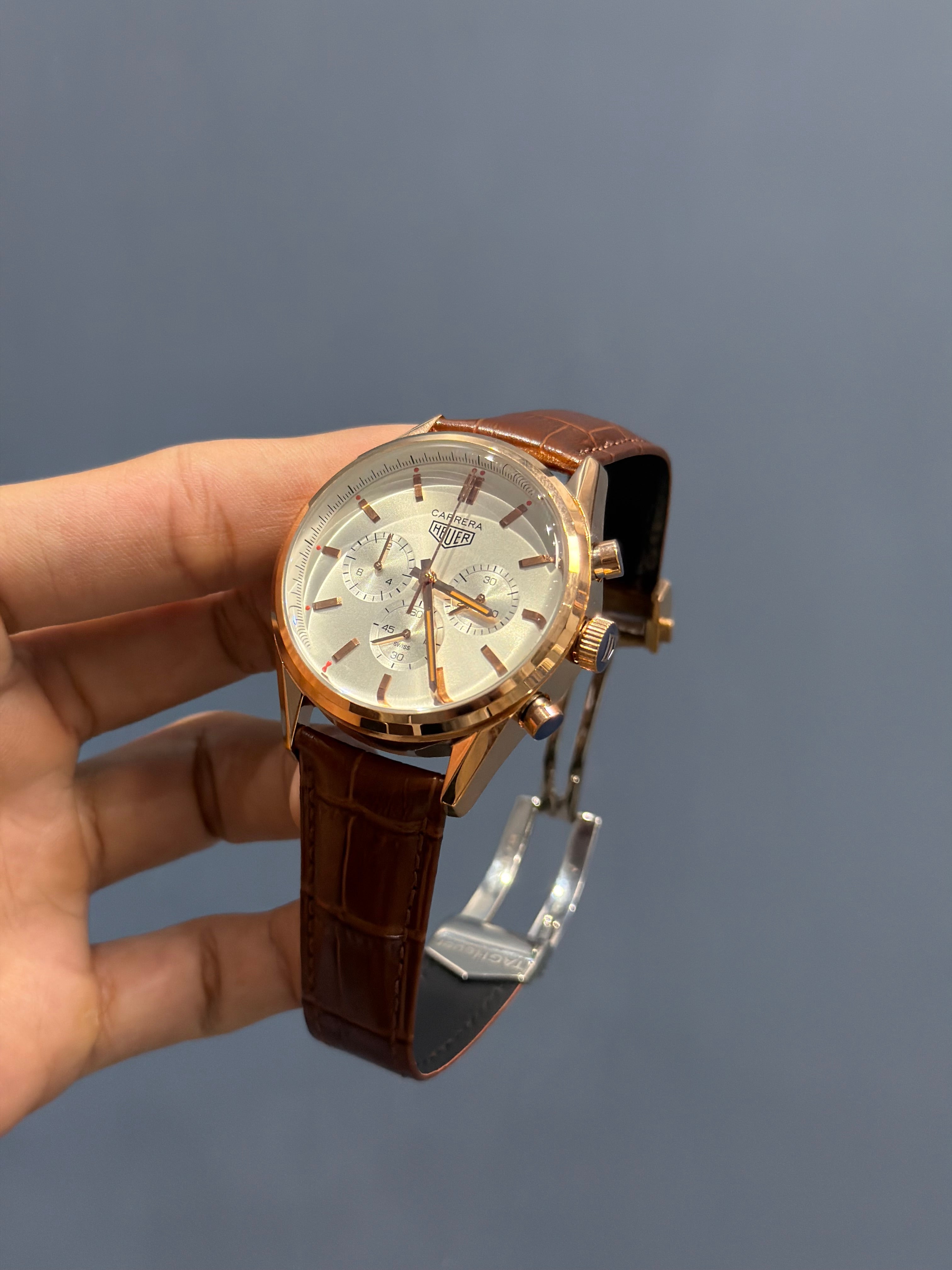 NEW COLLECTION CHRONOGRAPH ROSE CASE WITH WHITE DIAL & BEZEL WITH LEATHER STRAP