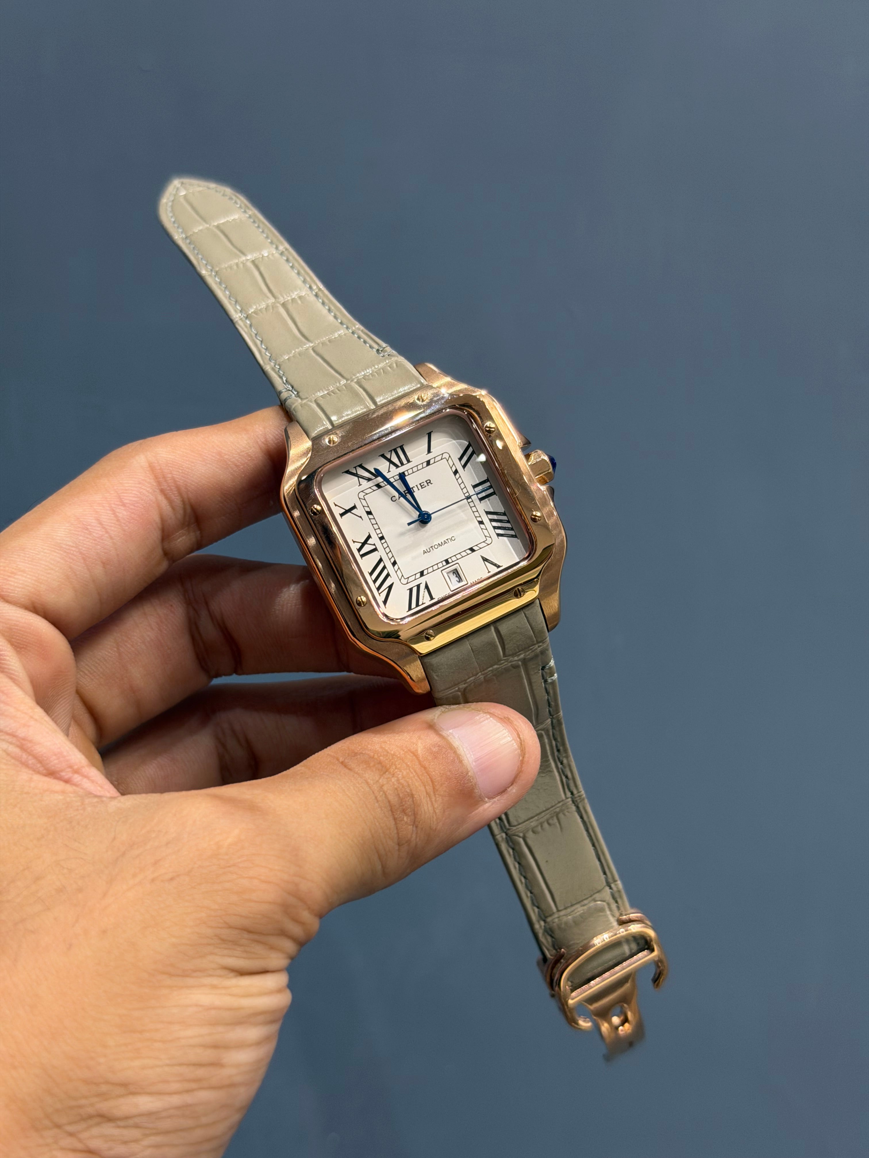 NEW COLLECTION ROSE CASE WITH WHITE DIAL & GREY LEATHER STRAP