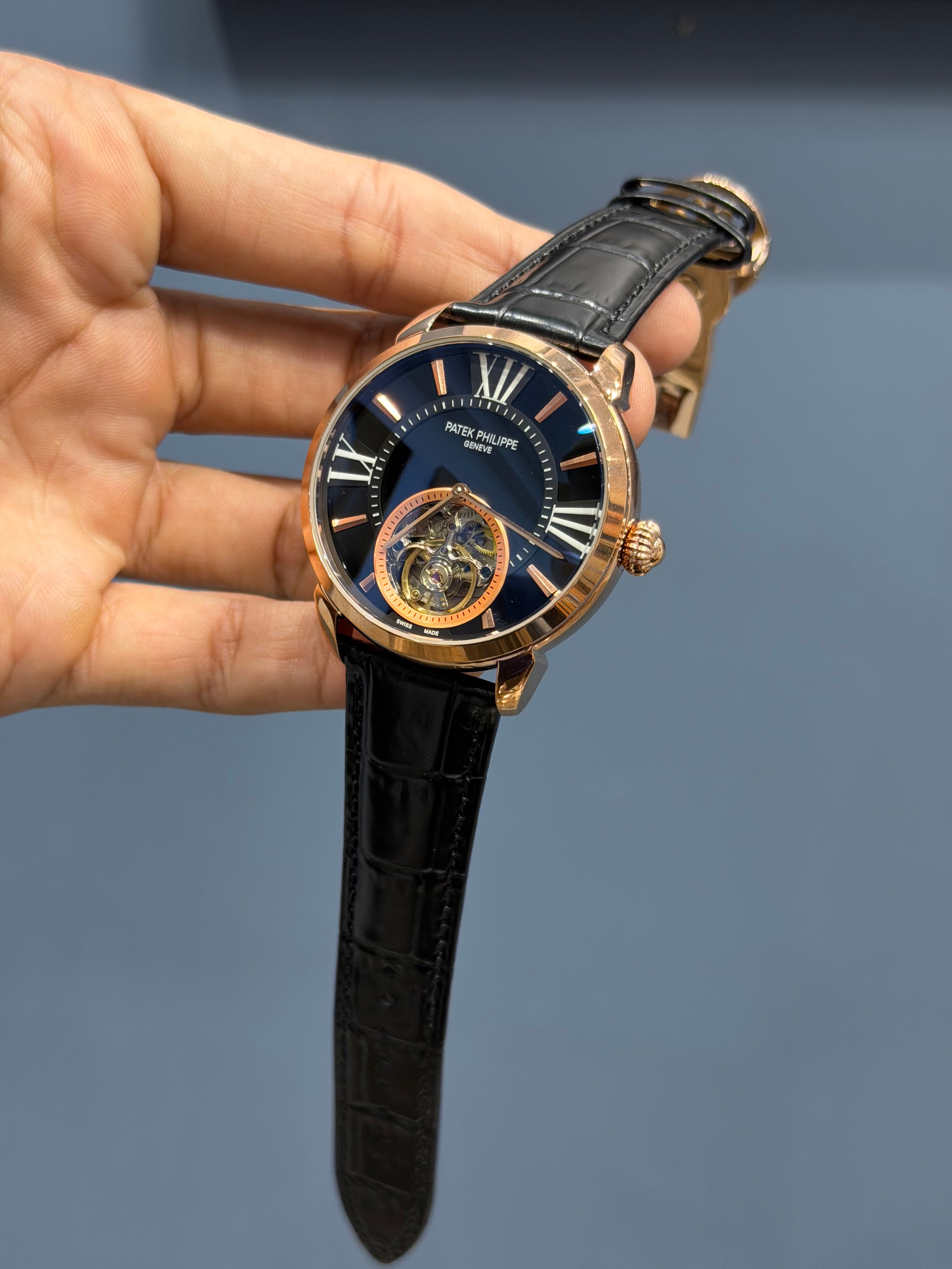 NEW COLLECTION TOURBILLON ROSE CASE WITH BLACK DIAL & BLACK LEATHER STRAP