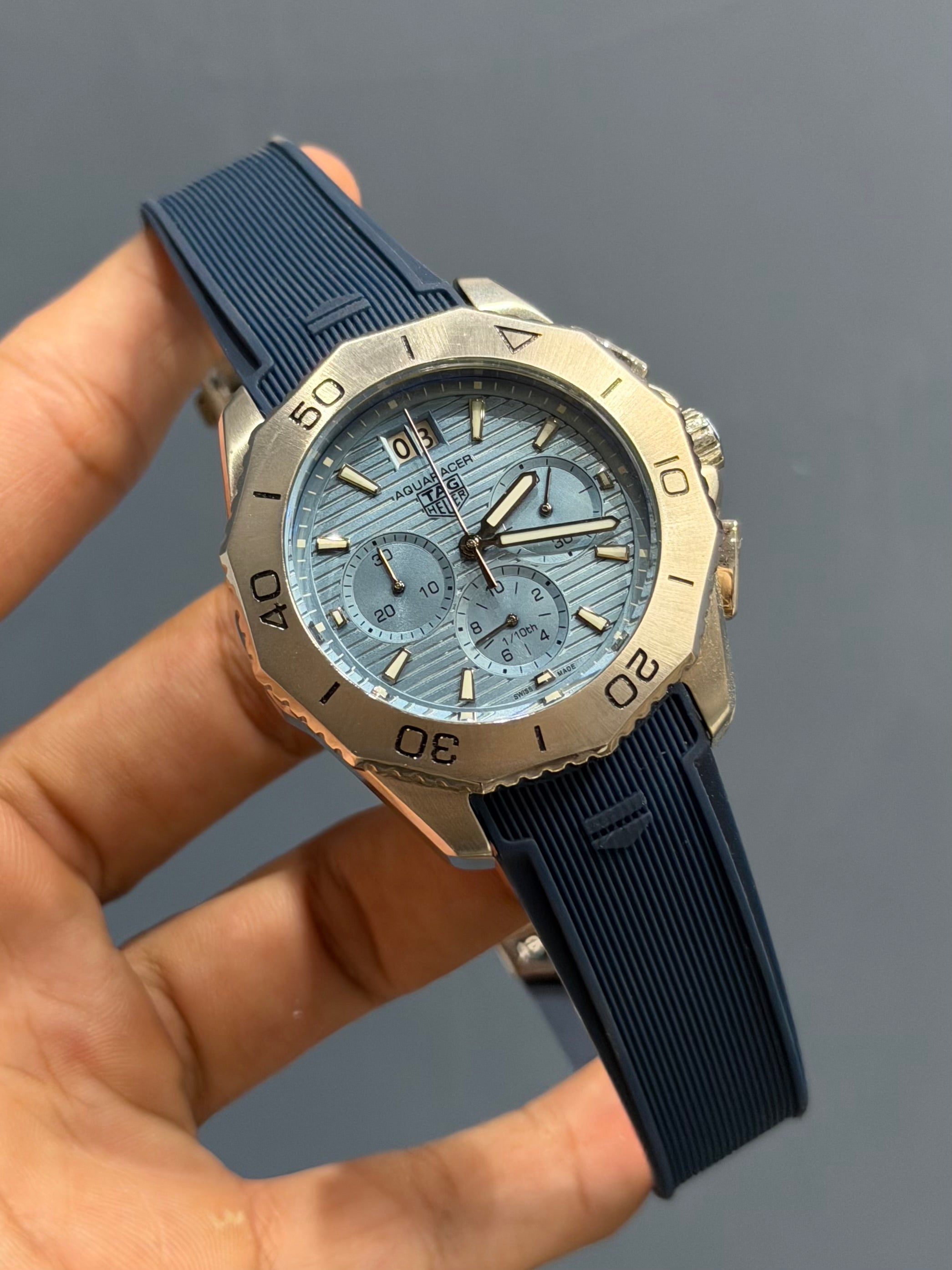 NEW COLLECTION CHRONOGRAPH SILVER WITH SKY BLUE DIAL & BLUE SILICONE STRAP WATCH