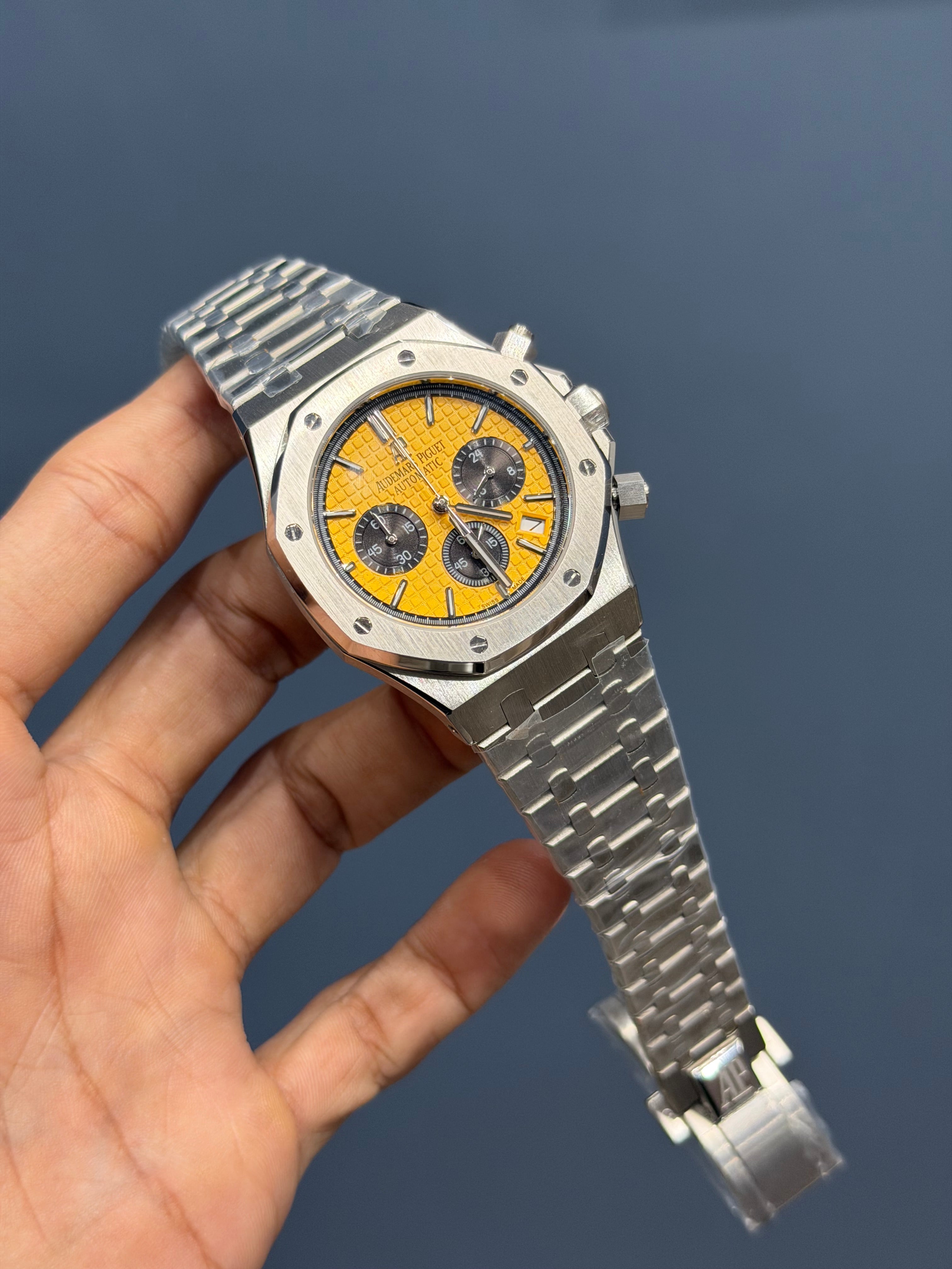 NEW COLLECTION CHRONOGRAPH SILVER WITH YELLOW DIAL CHAIN WATCH