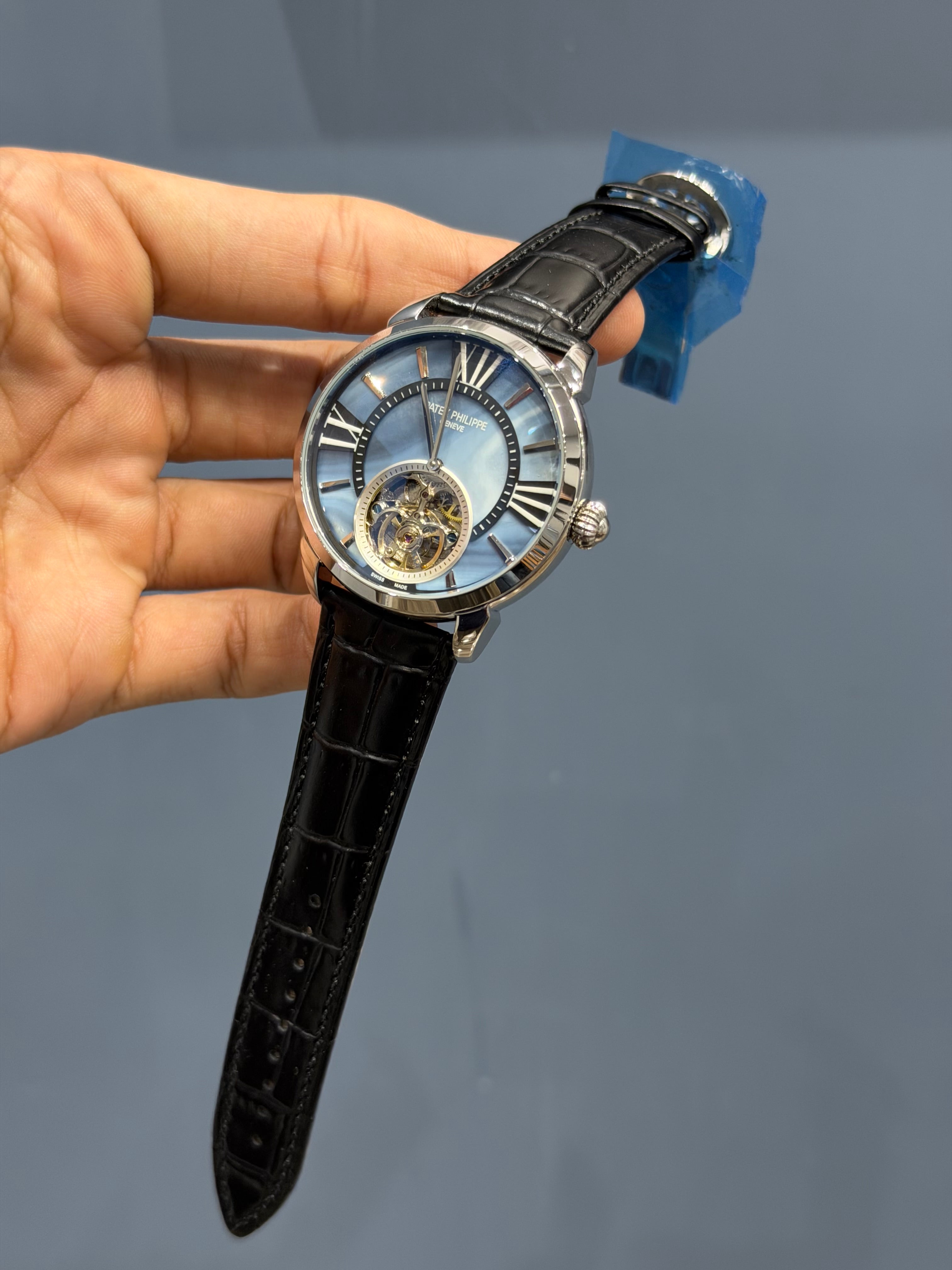 NEW COLLECTION TOURBILLON SILVER CASE WITH BLUE PEARL DIAL & BLACK LEATHER STRAP