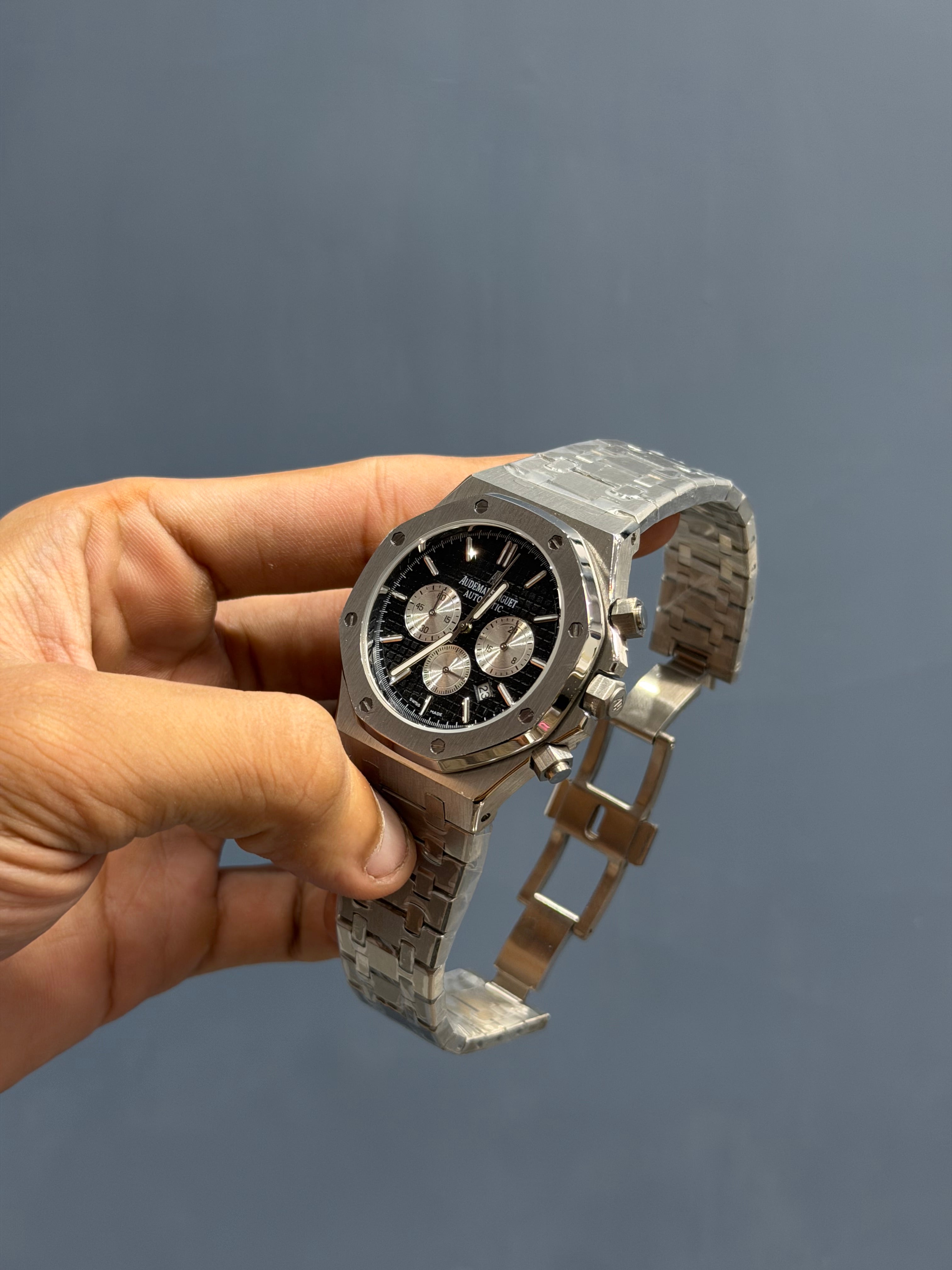 NEW COLLECTION CHRONOGRAPH SILVER WITH BLACK DIAL CHAIN WATCH