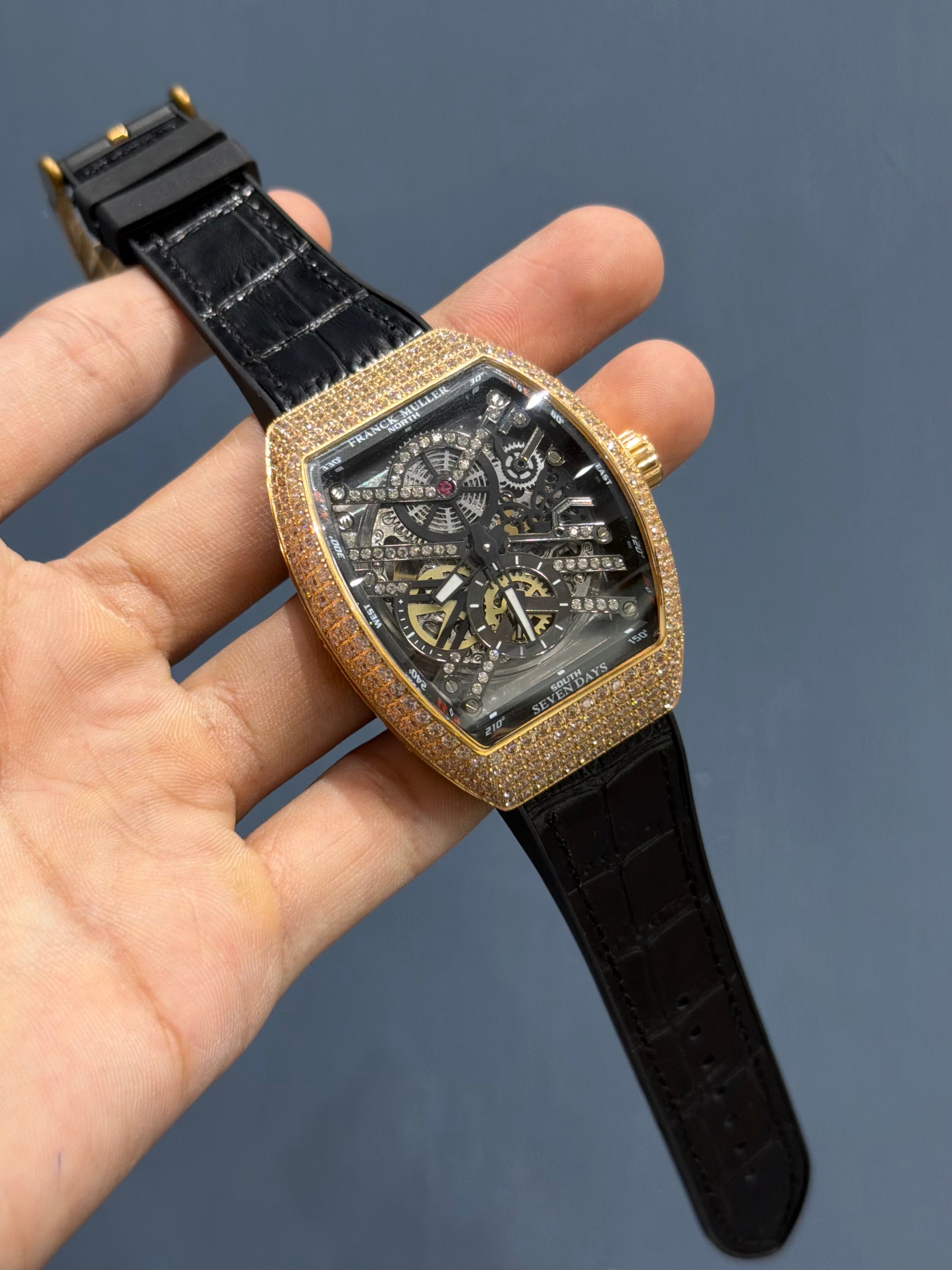 NEW COLLECTION ROSE GOLD STONE CASE BLACK SKELETON DIAL WITH BLACK STRAP