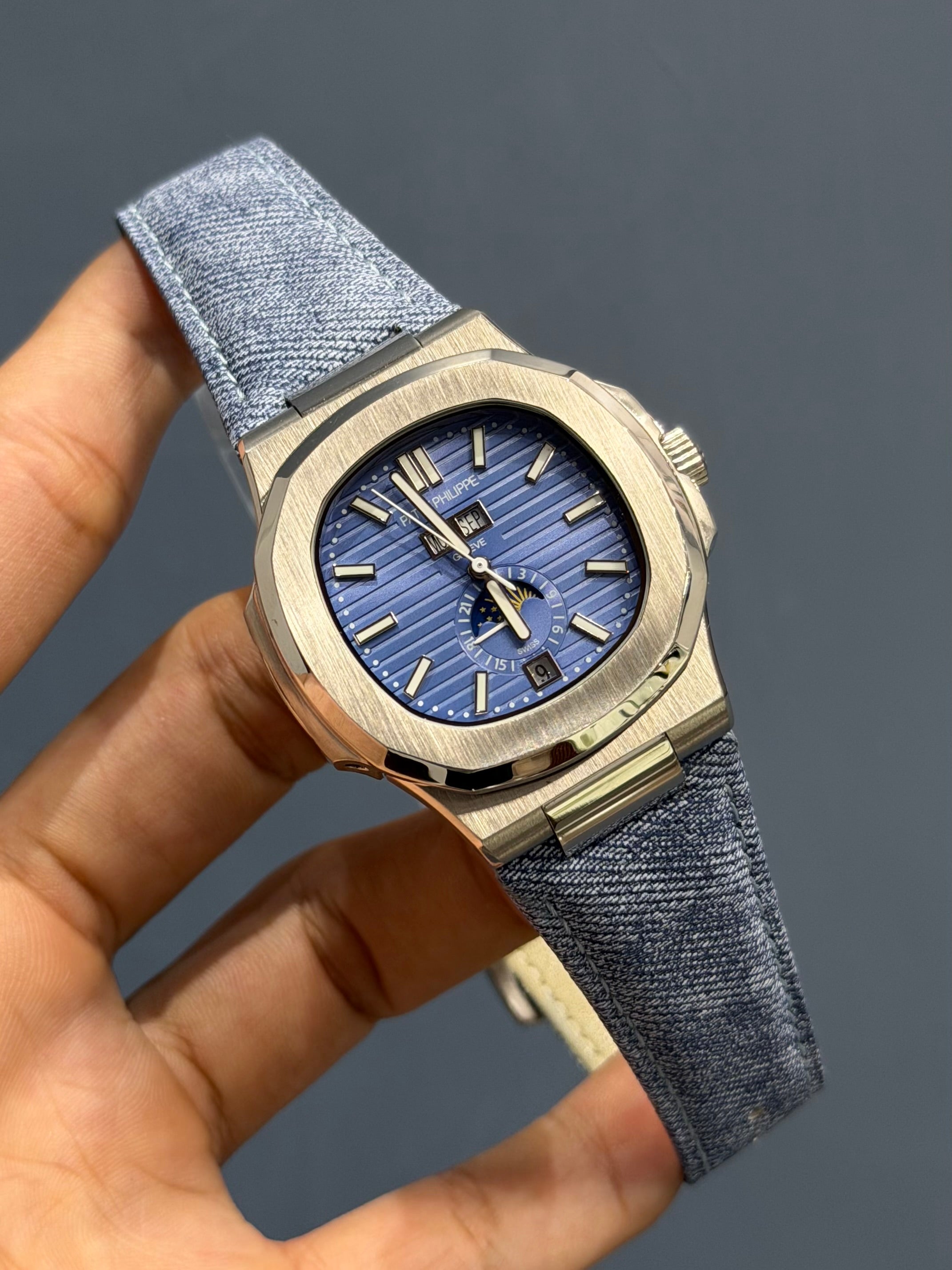 NEW COLLECTION ANNUAL CALENDER MOON PHASE SILVER CASE WITH SKY DIAL & DENIM STRAP