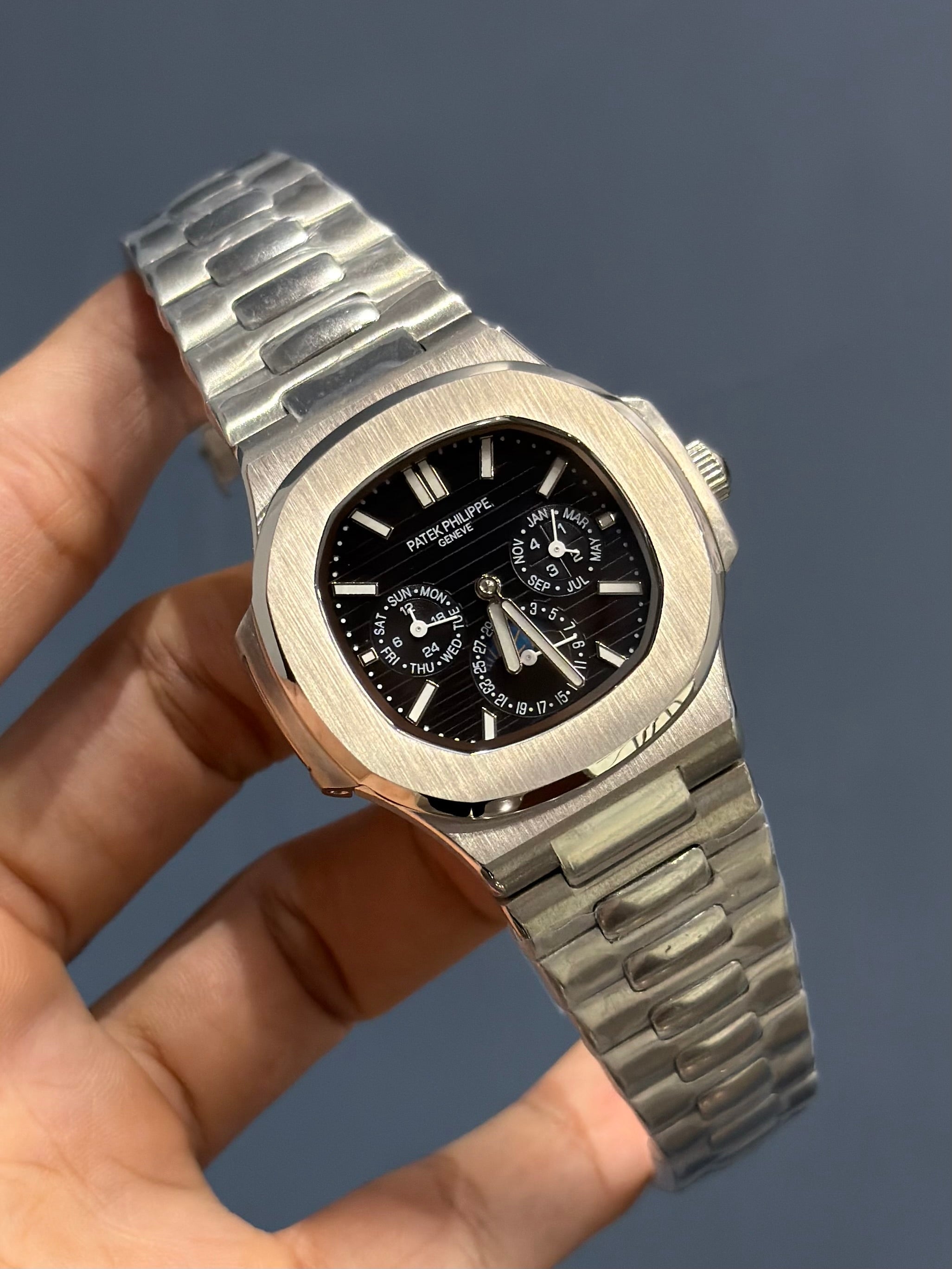 NEW COLLECTION MOON PHASE CHRONOGRAPH SILVER CASE WITH BLACK DIAL AUTOMATIC WATCH