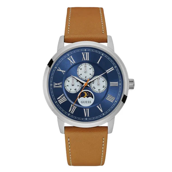 Guess Men’s Quartz Brown Leather Strap Blue Dial 44mm Watch W0870G4