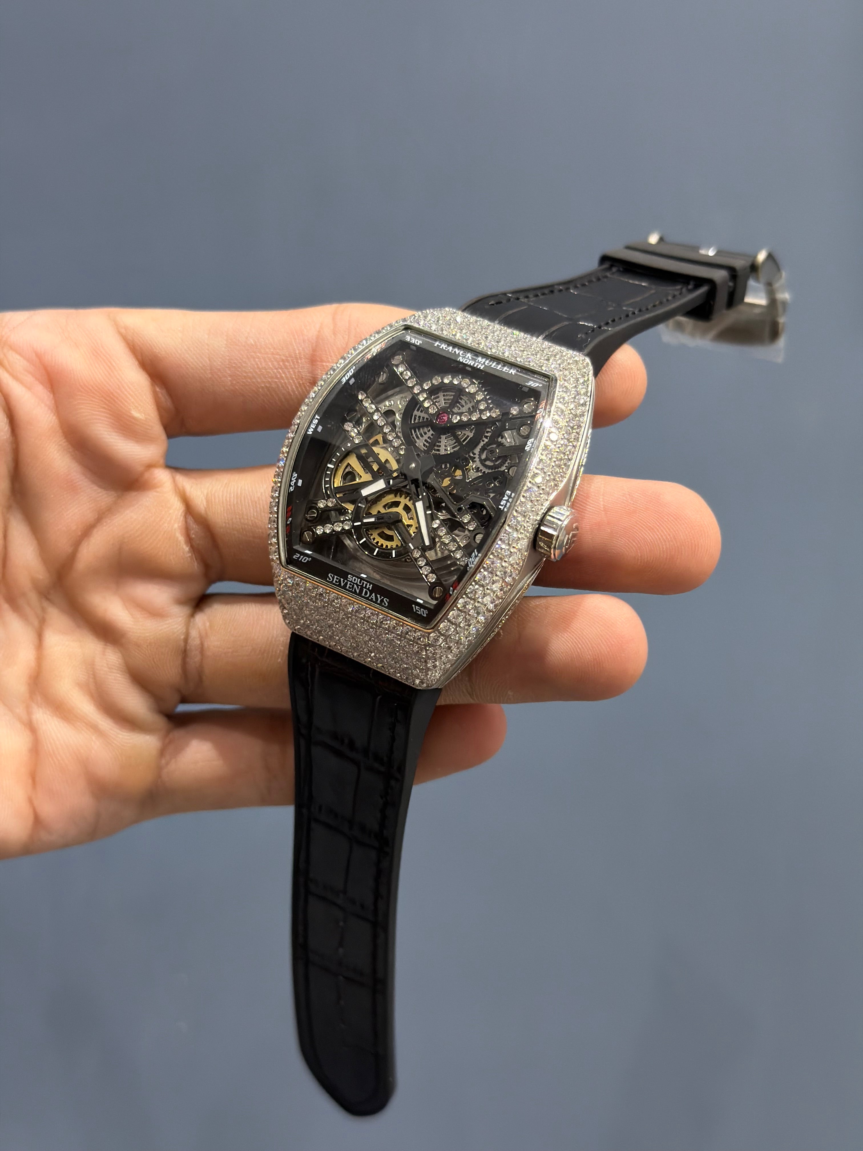 NEW COLLECTION SILVER STONE CASE WITH SKELETON DIAL AND LEATHER STRAP