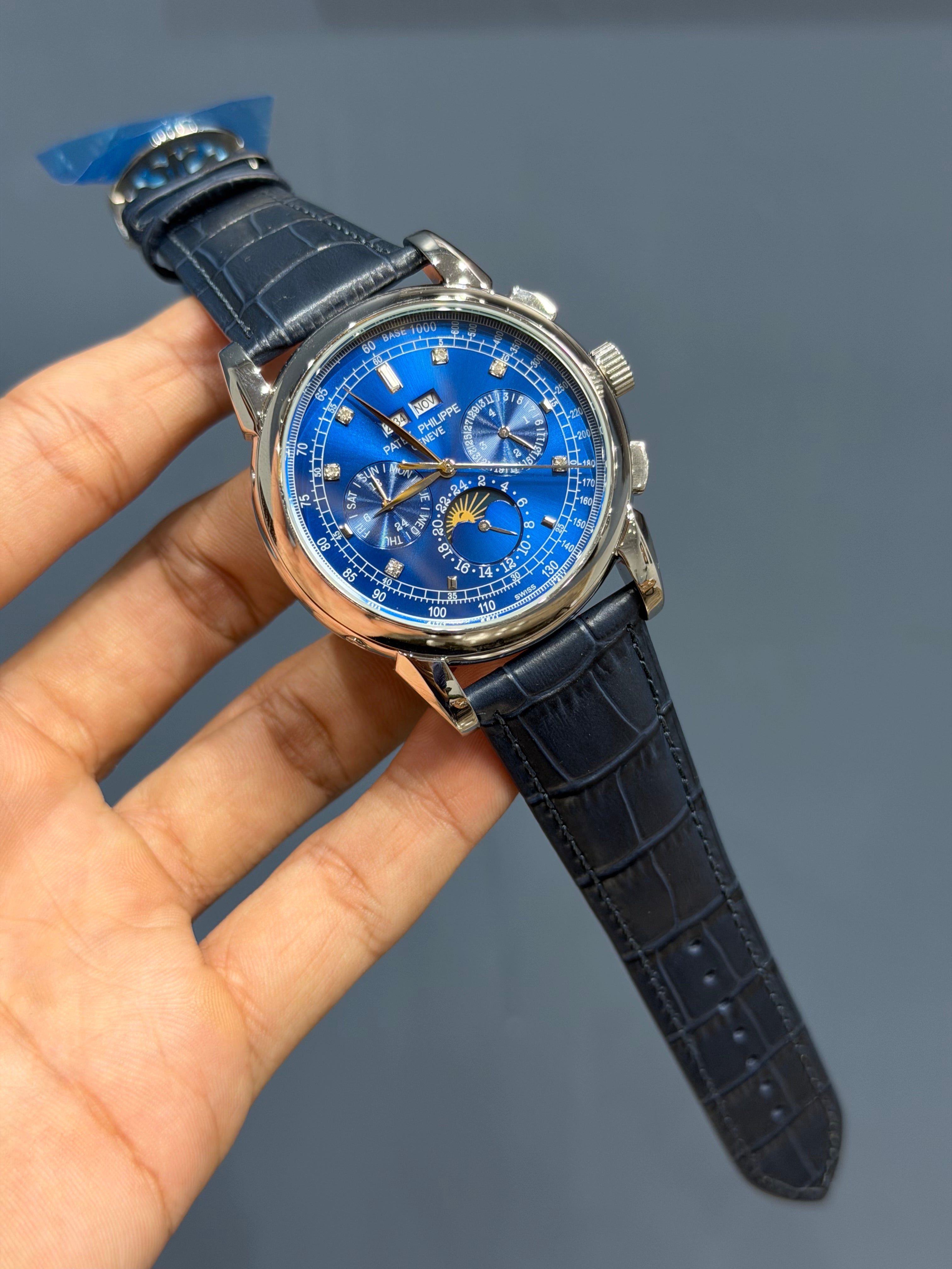 NEW COLLECTION CHRONOGRAPH SILVER CASE WITH STONE BLUE DIAL & LEATHER STRAP