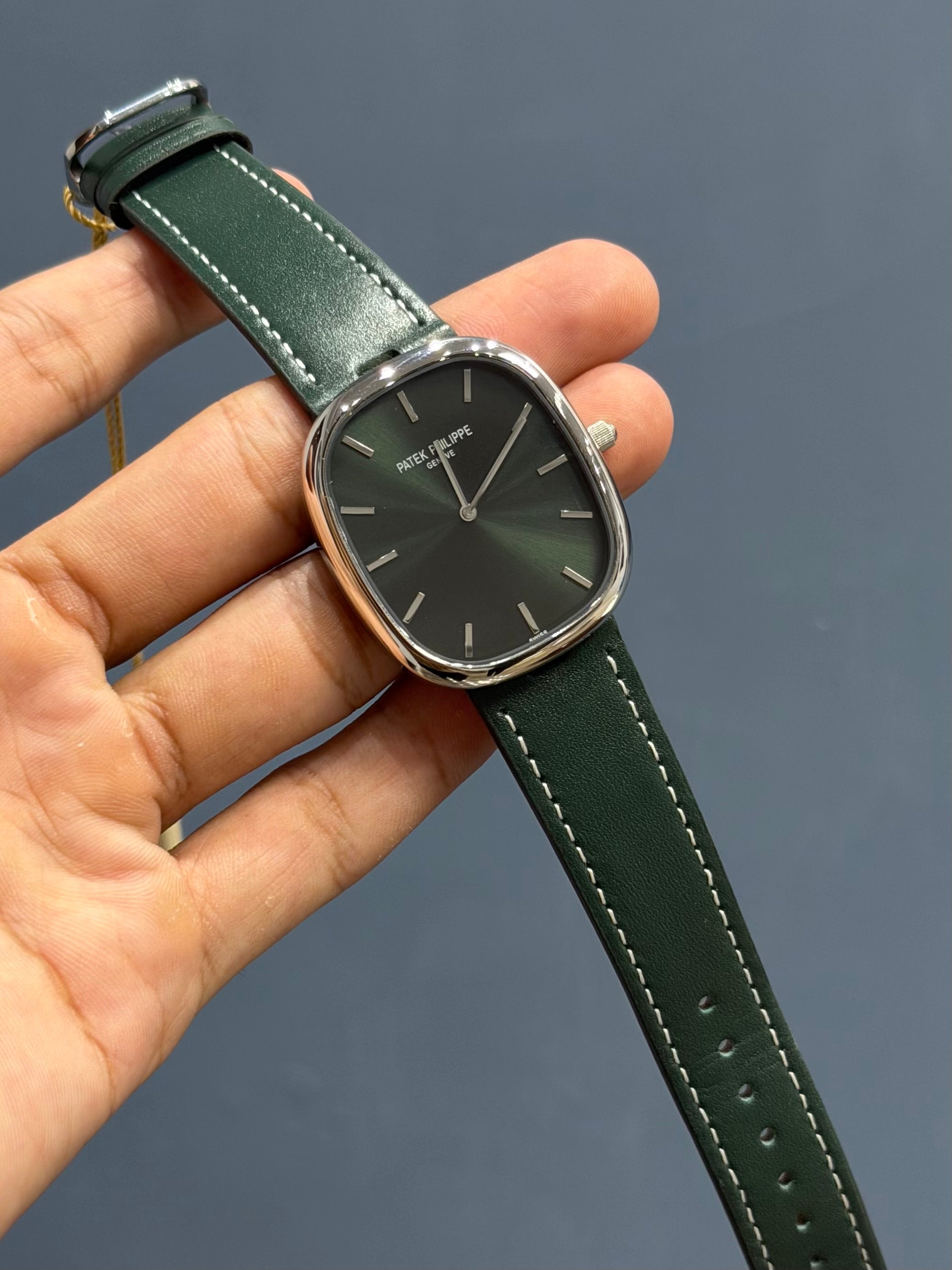 NEW COLLECTION SQUARE SILVER WITH GREEN DIAL LEATHER STRAP WATCH