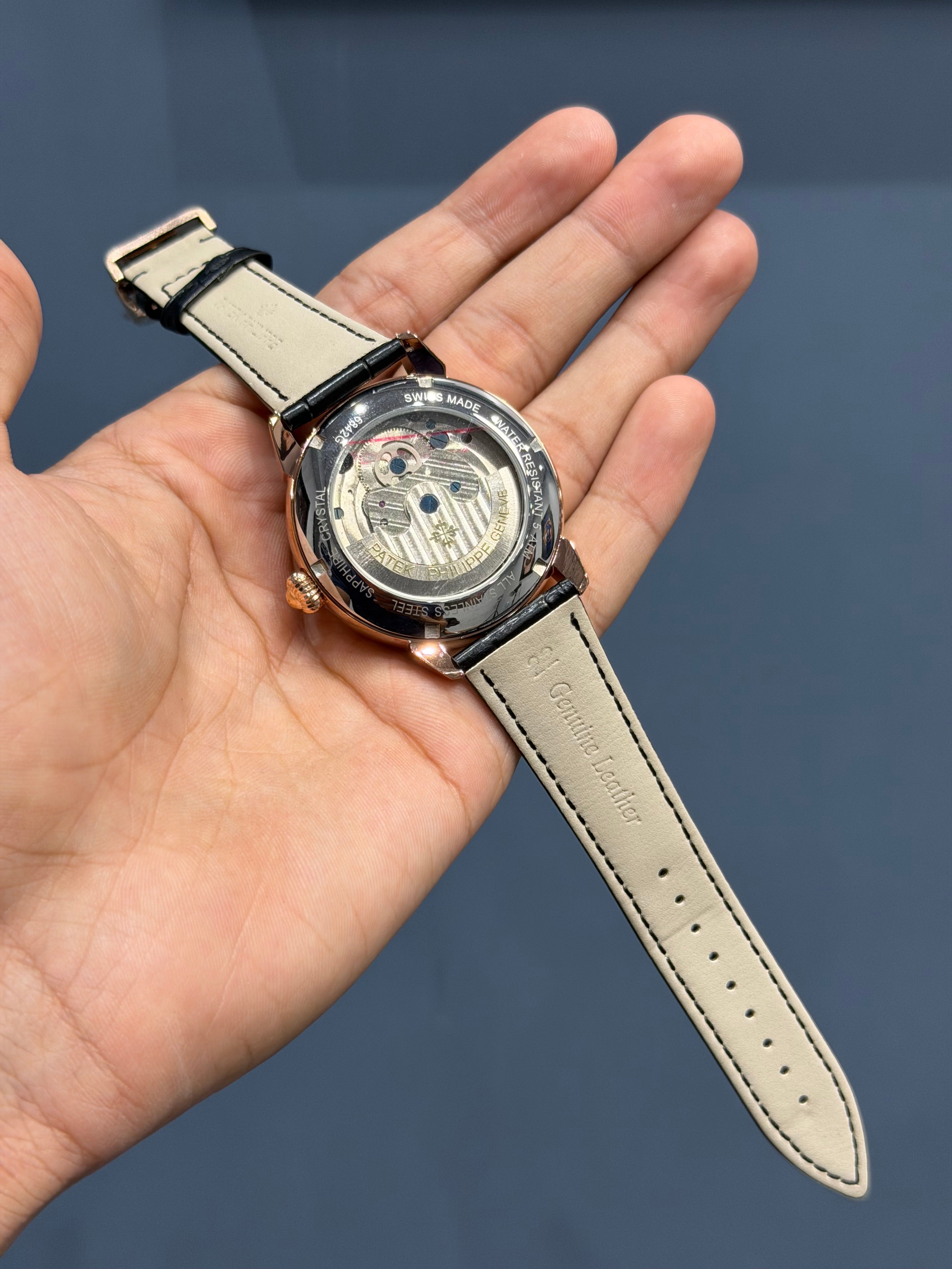 NEW COLLECTION TOURBILLON ROSE CASE WITH BLUE PEARL DIAL & BLACK LEATHER STRAP
