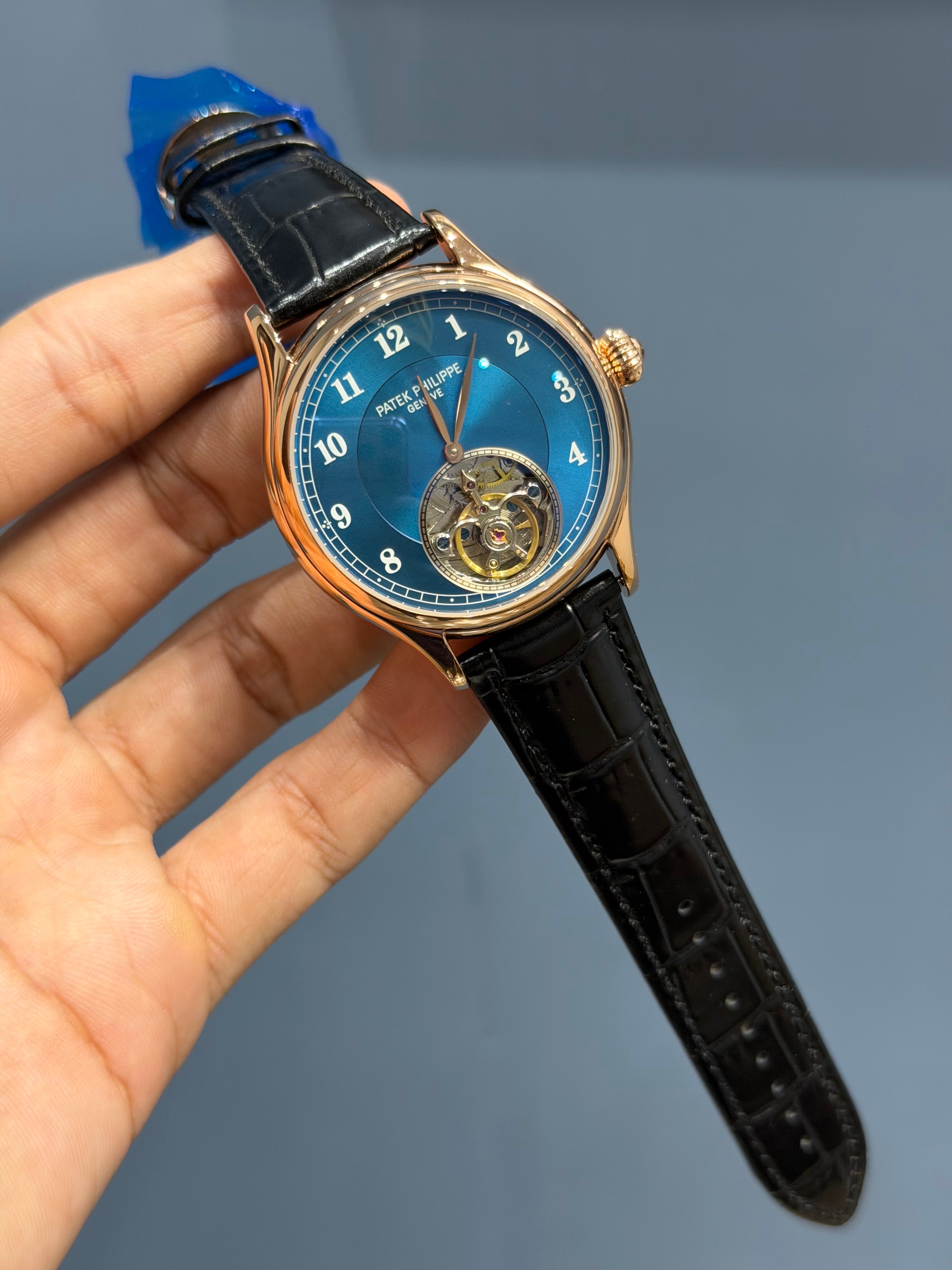 NEW COLLECTION TOURBILLON ROSE CASE WITH BLUE DIAL & BLACK LEATHER STRAP