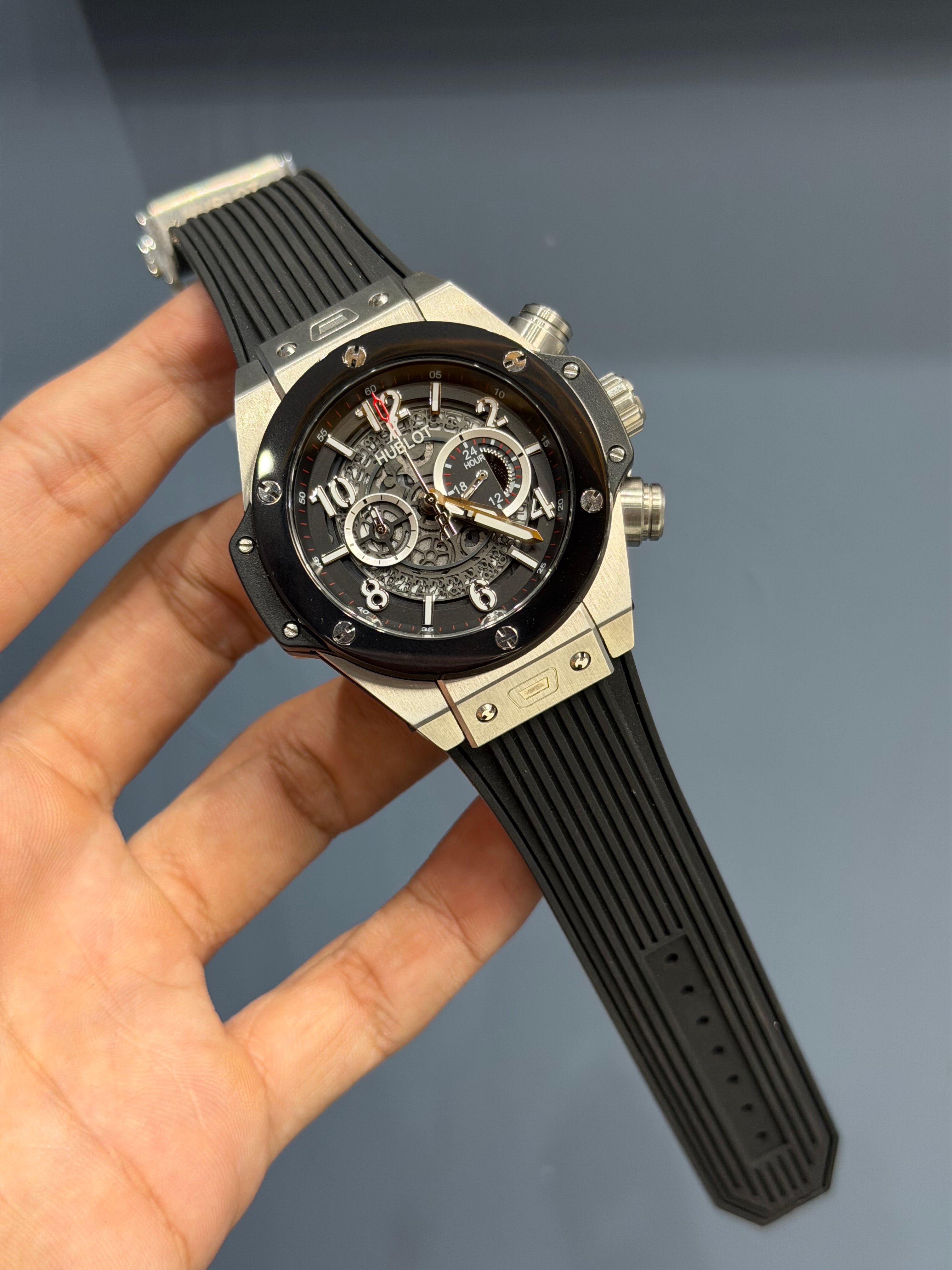 NEW COLLECTION CHRONOGRAPH MATT SILVER CASE BLACK BEZZEL & BLACK DIAL PVC STRAP
