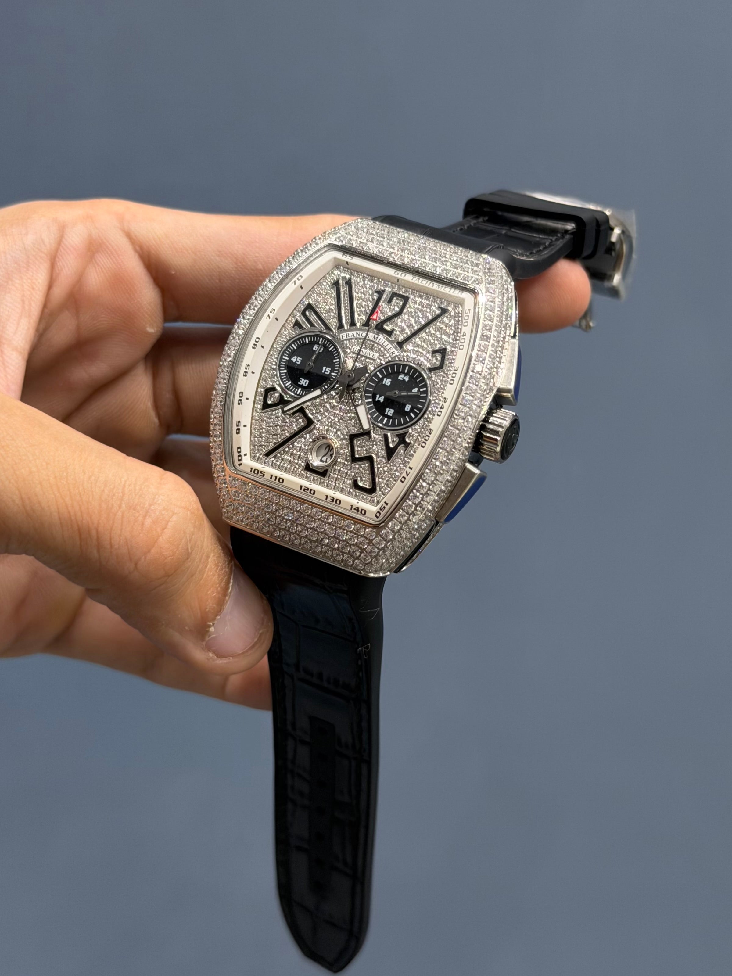 NEW COLLECTION CHRONOGRAPH SILVER STONE CASE & DIAL WITH BLACK LEATHER STRAP