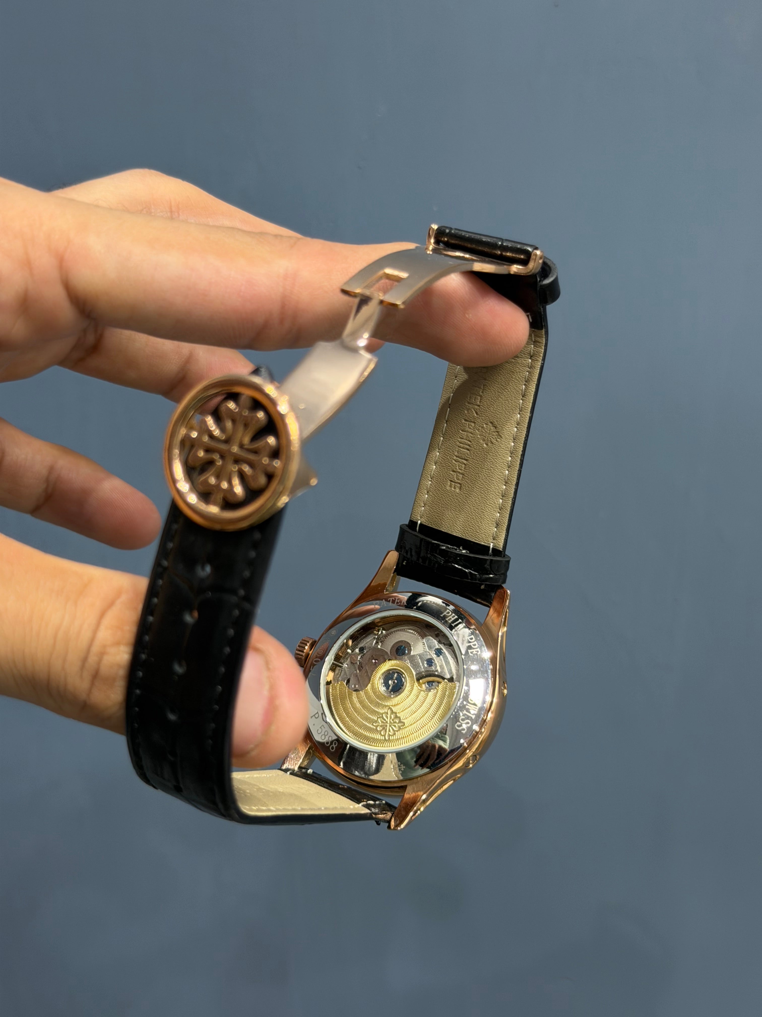 NEW COLLECTION MOON PHASE ROSE GOLD CASE WITH GREEN DIAL & BLACK LEATHER STRAP