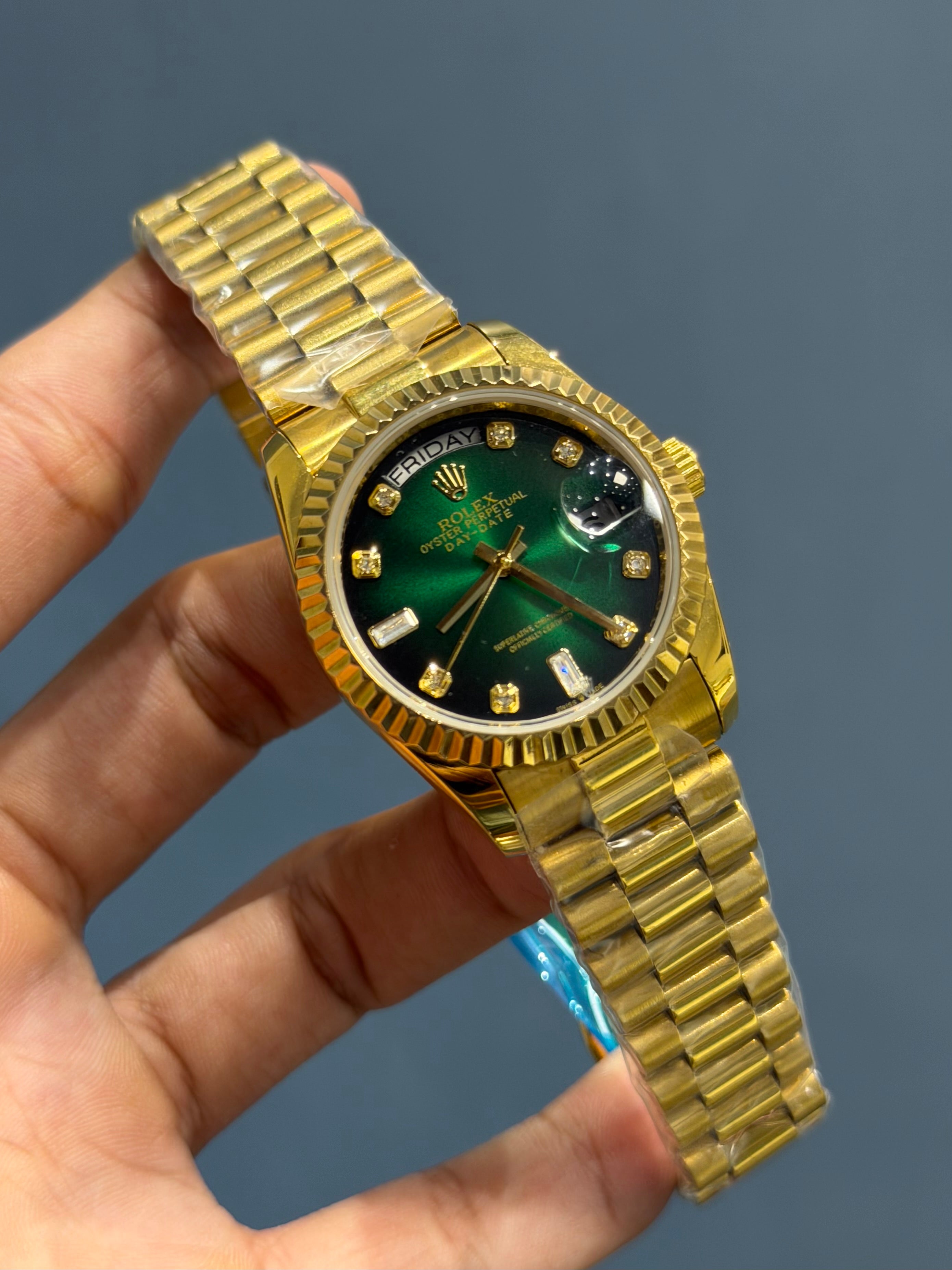 NEW COLLECTION 36 GOLD WITH GREEN DIAL FLUTED BEZEL RUBY STONE FIGURE AUTOMATIC WATCH YZ FACTORY