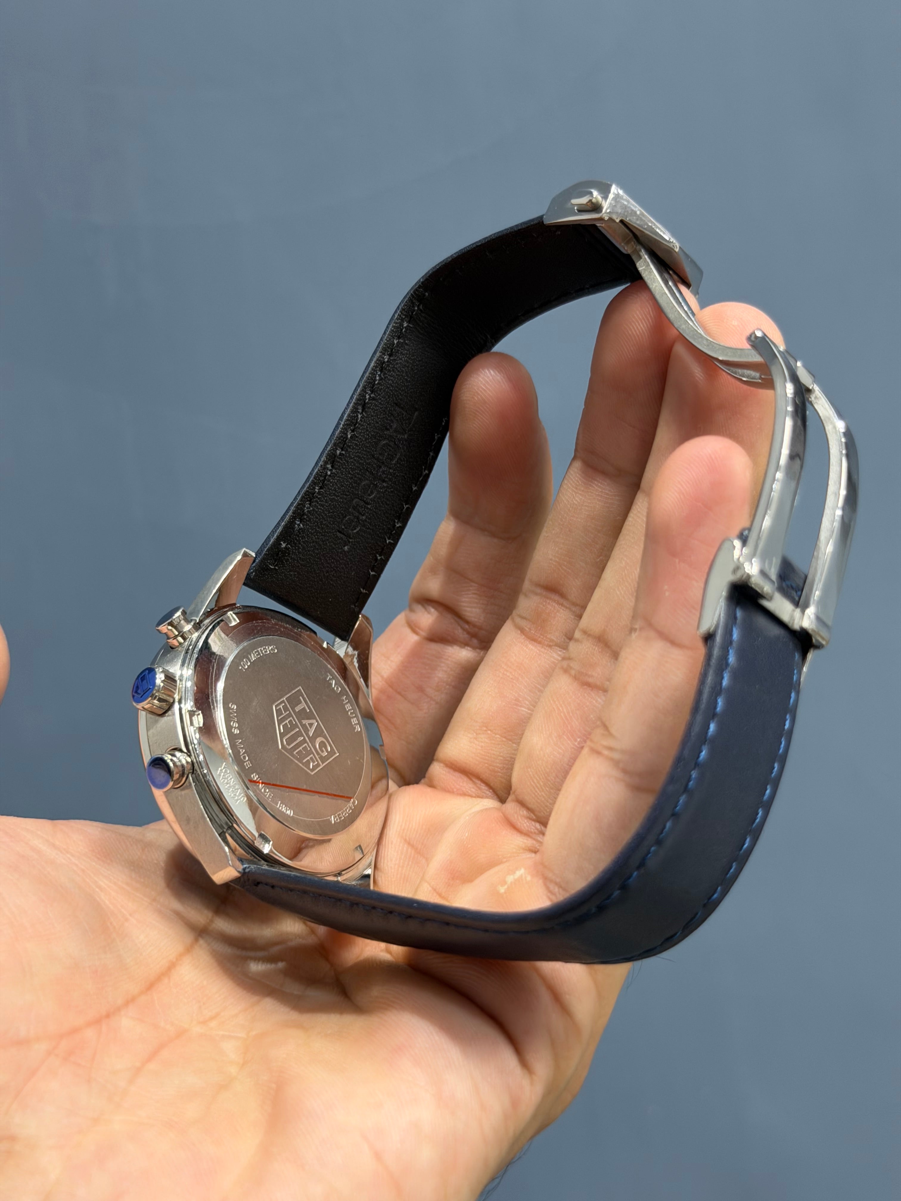 NEW COLLECTION CALIBRE CHRONOGRAPH SILVER WITH BLUE DIAL BLUE LEATHER STRAP