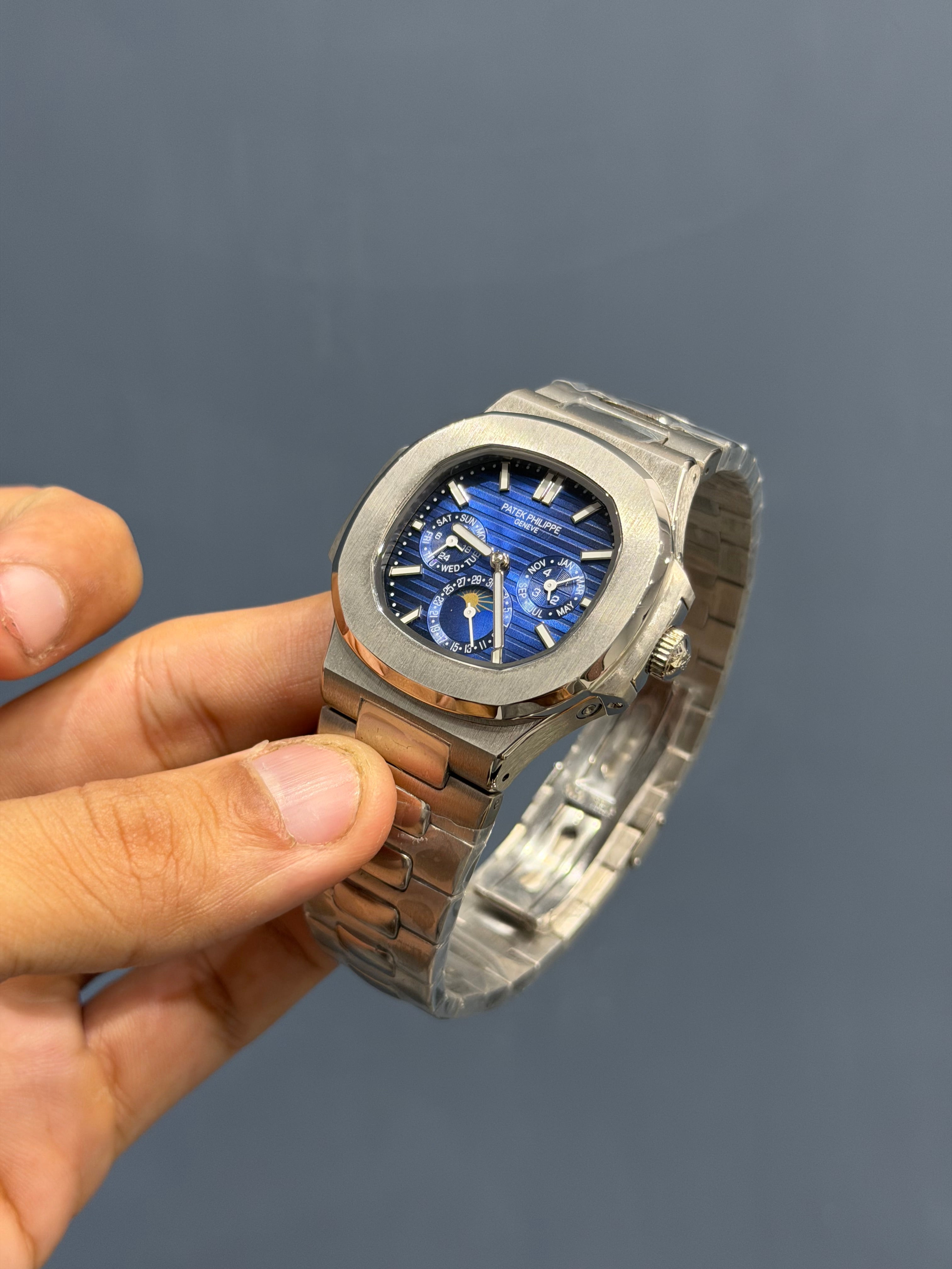 NEW COLLECTION MOON PHASE CHRONOGRAPH SILVER CASE WITH BLUE DIAL AUTOMATIC WATCH