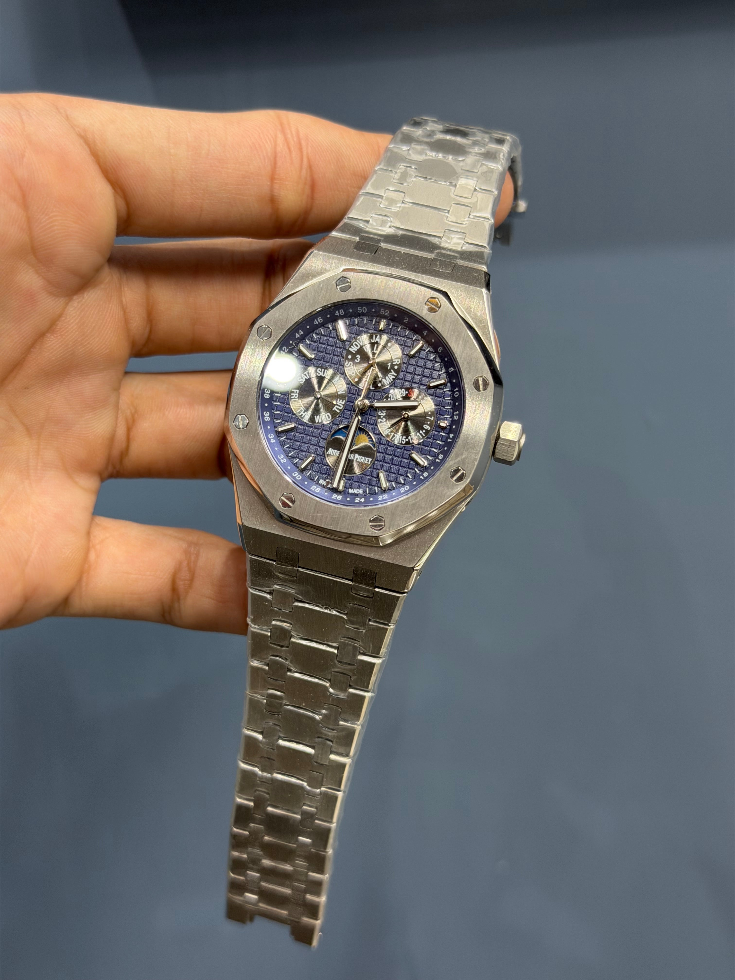 NEW COLLECTION PERPETUAL CALENDAR SILVER STAINLESS STEEL WITH BLUE DIAL CHAIN WATCH