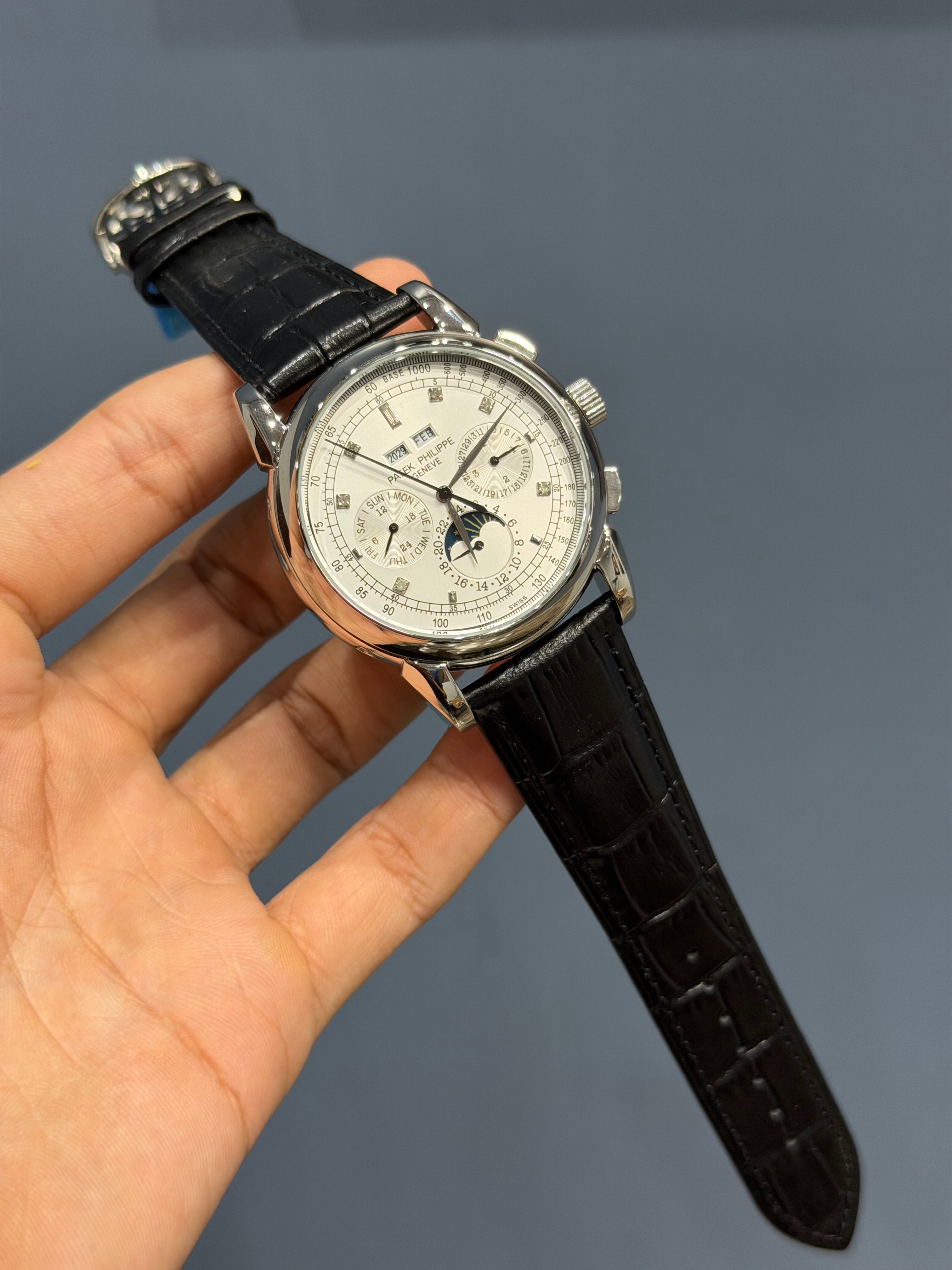 NEW COLLECTION CHRONOGRAPH SILVER CASE WITH STONE WHITE DIAL & LEATHER STRAP
