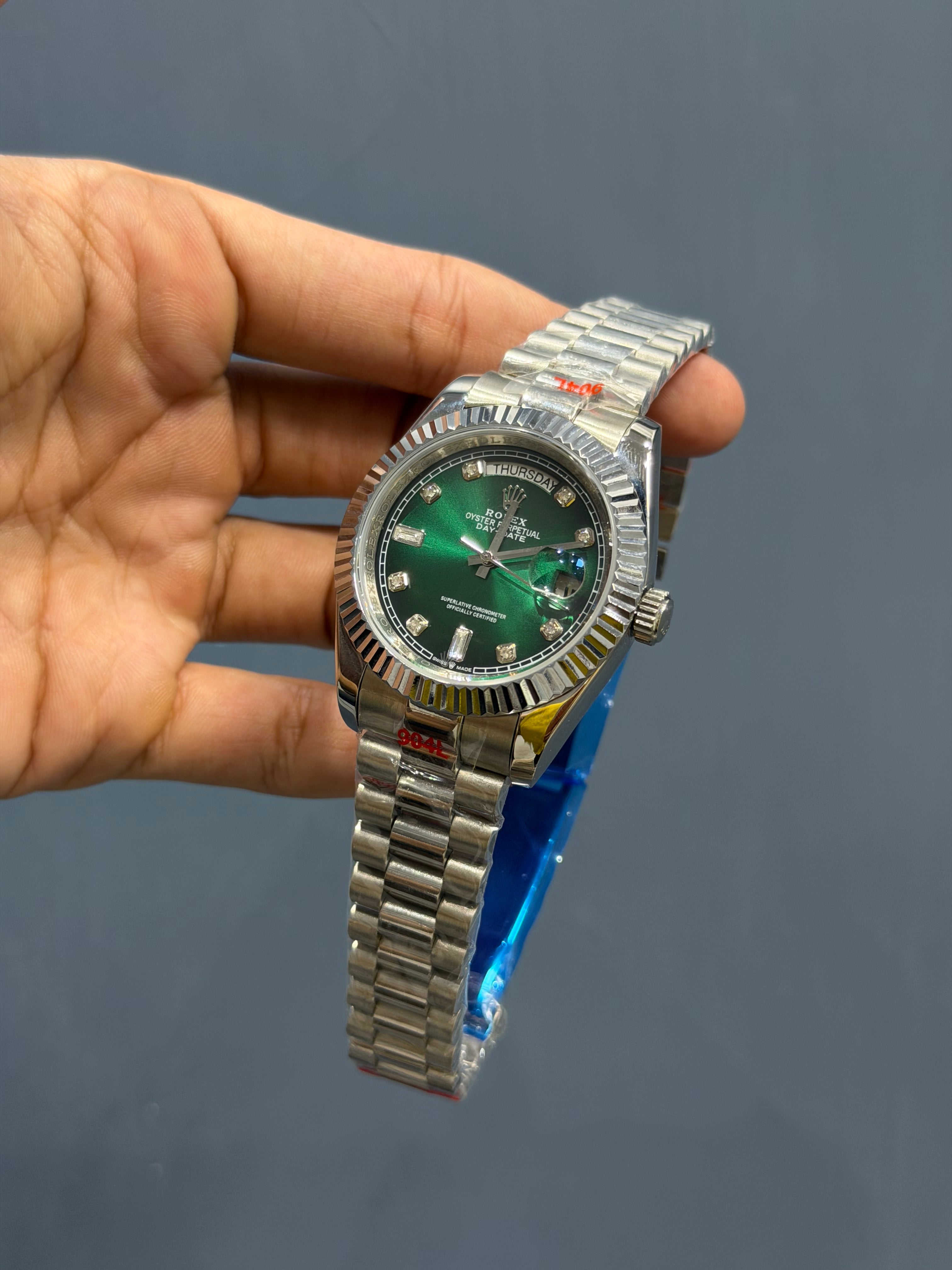 NEW COLLECTION 40 SILVER WITH GREEN DIAL STONE NUMERAL & FLUTED BEZEL ZR FACTORY