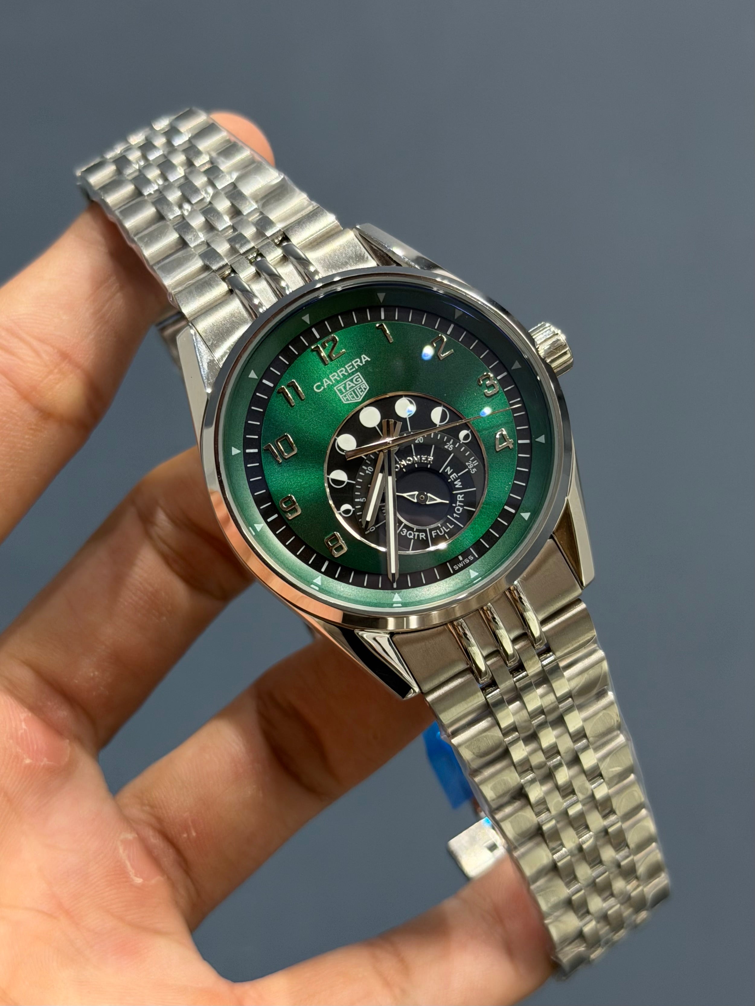 NEW COLLECTION ASTRONOMER SILVER CASE WITH GREEN DIAL & AUTOMATIC WATCH