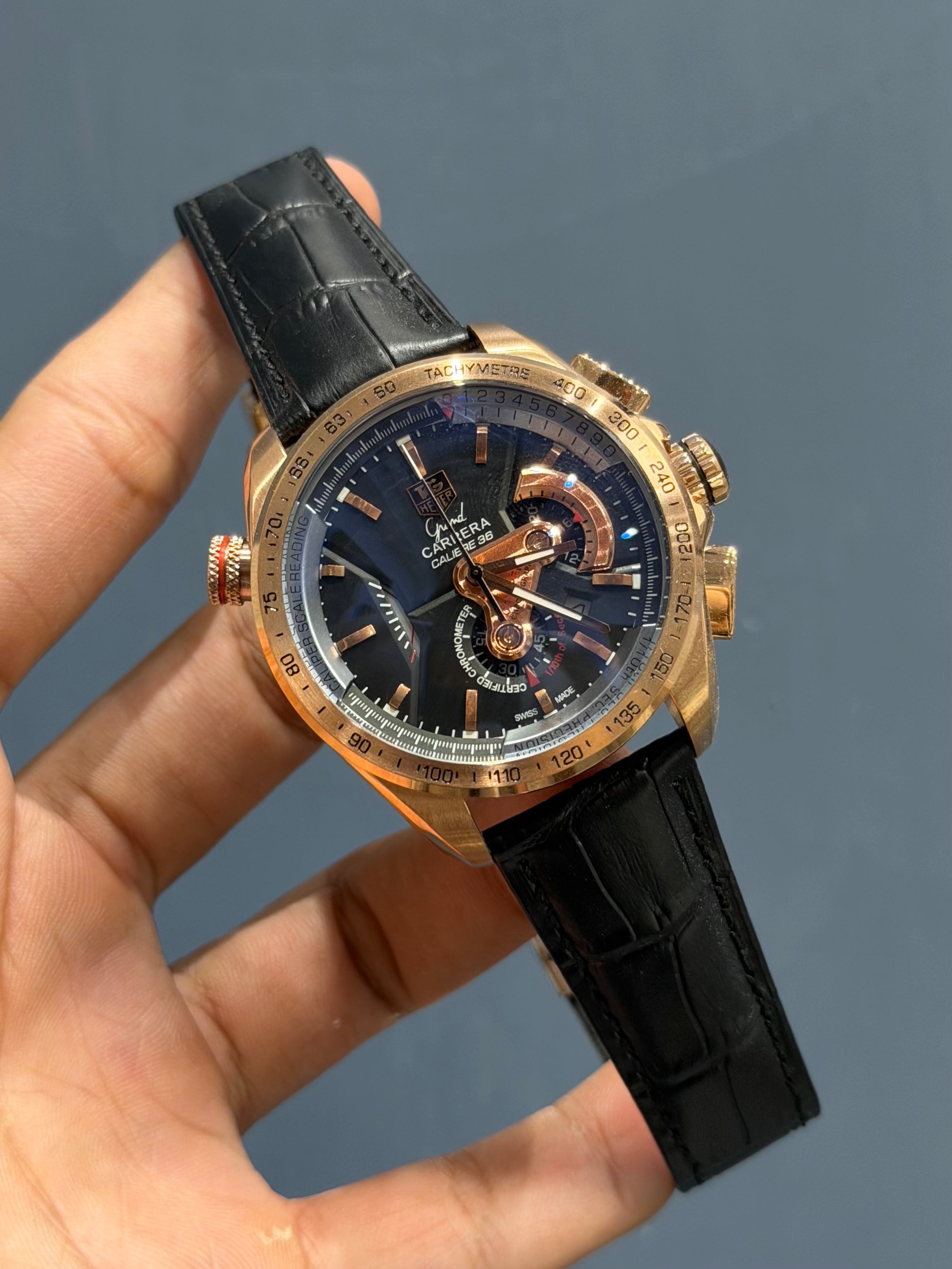 NEW COLLECTION CHRONOGRAPH ROSE GOLD CASE WITH BLACK DIAL LEATHER STRAP
