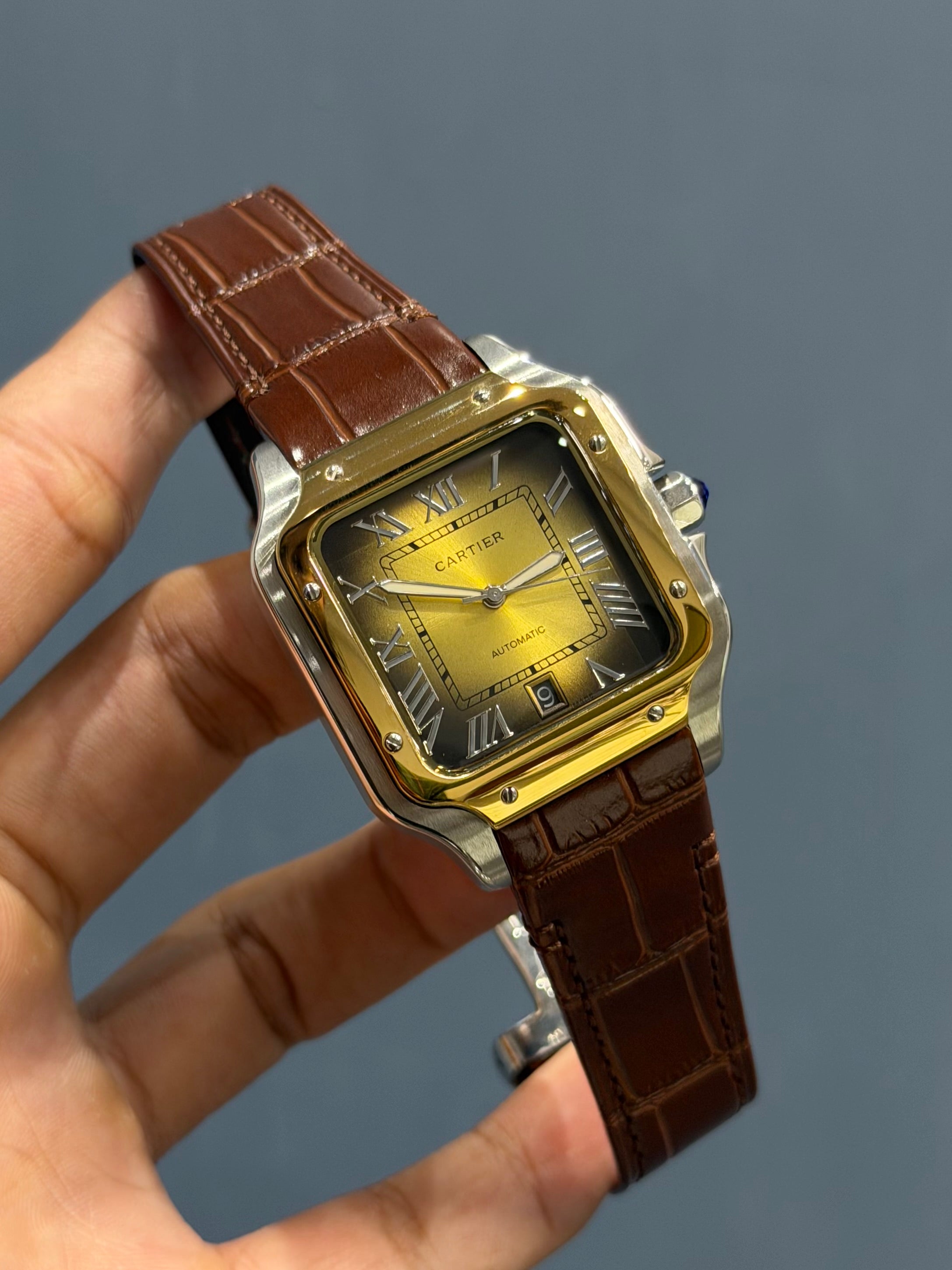 NEW COLLECTION YELLOW TWOTONE  CASE WITH SMOKE DIAL & BROWN LEATHER STRAP