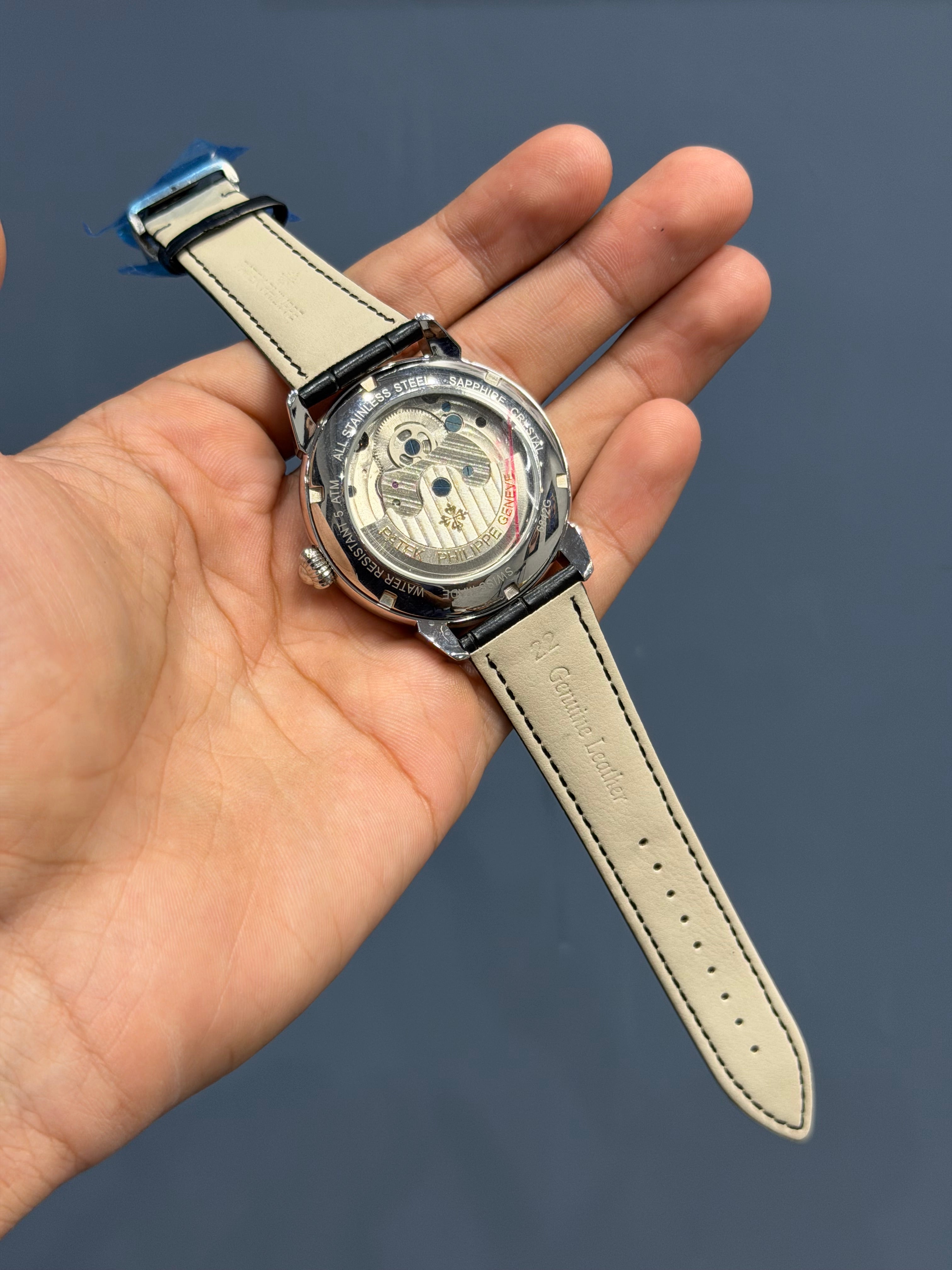 NEW COLLECTION TOURBILLON SILVER CASE WITH BLUE PEARL DIAL & BLACK LEATHER STRAP