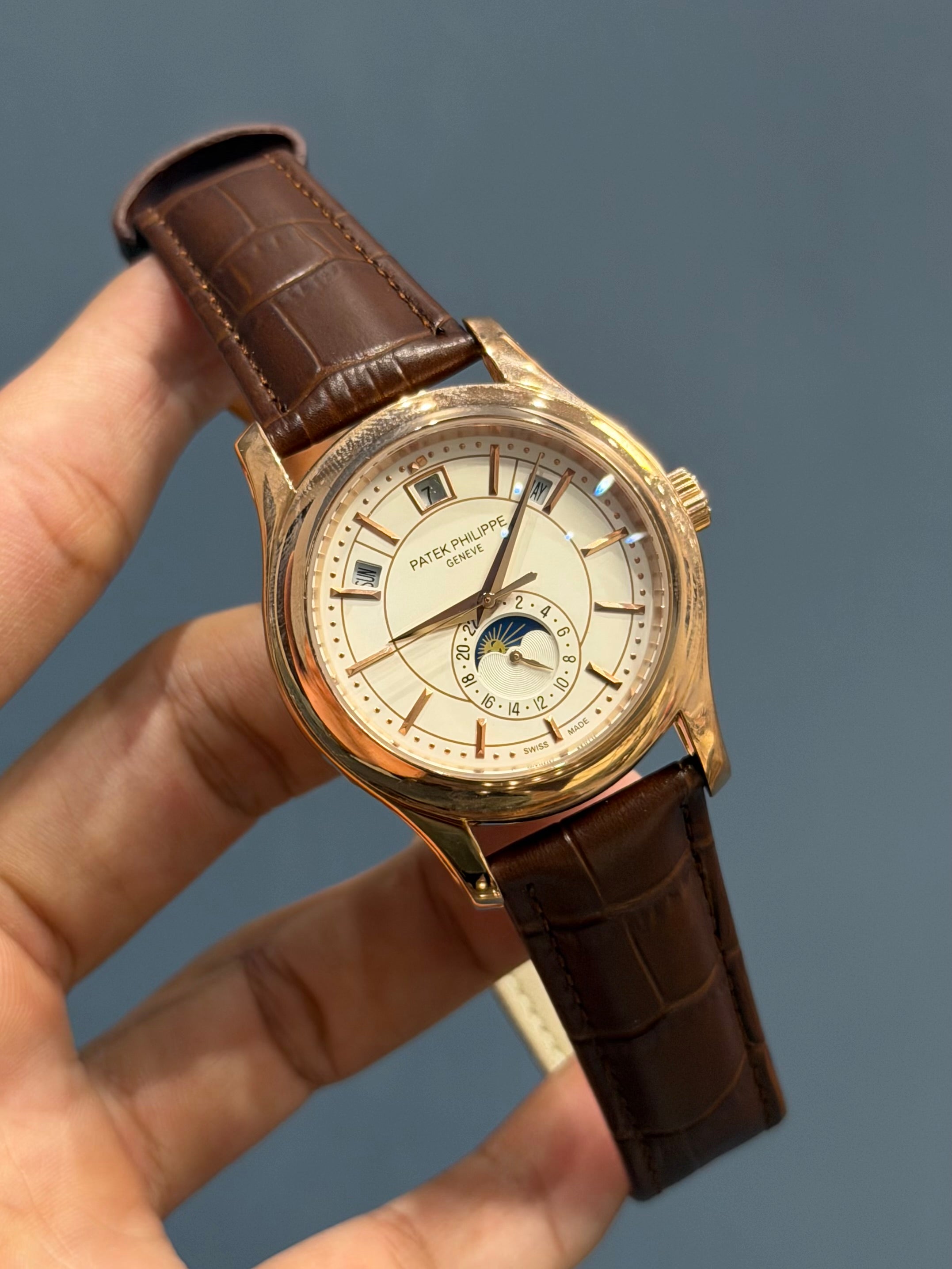 NEW COLLECTION MOON PHASE ROSE GOLD CASE WITH WHITE DIAL & BROWN LEATHER STRAP