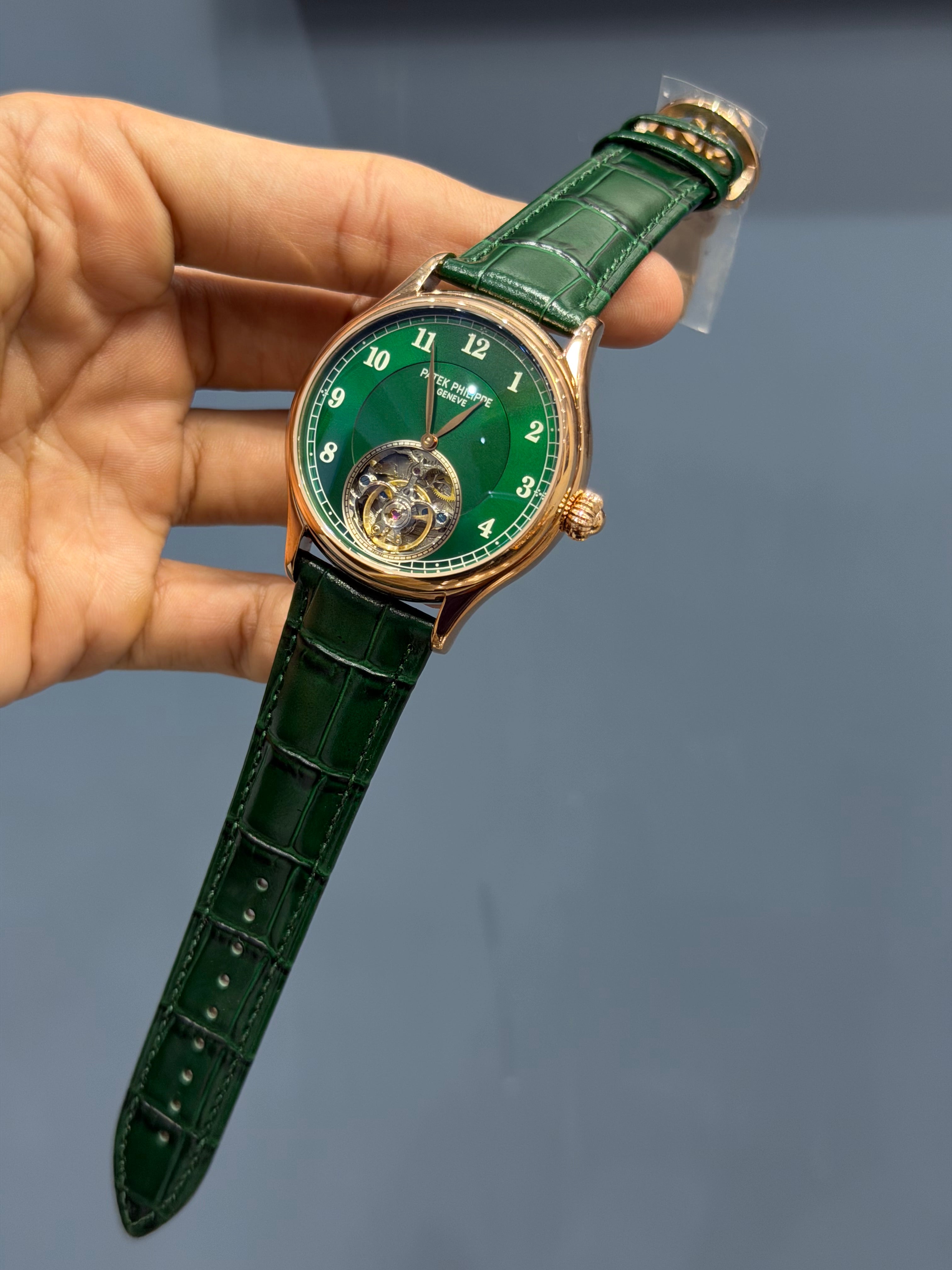 NEW COLLECTION TOURBILLON ROSE CASE WITH GREEN DIAL & GREEN LEATHER STRAP