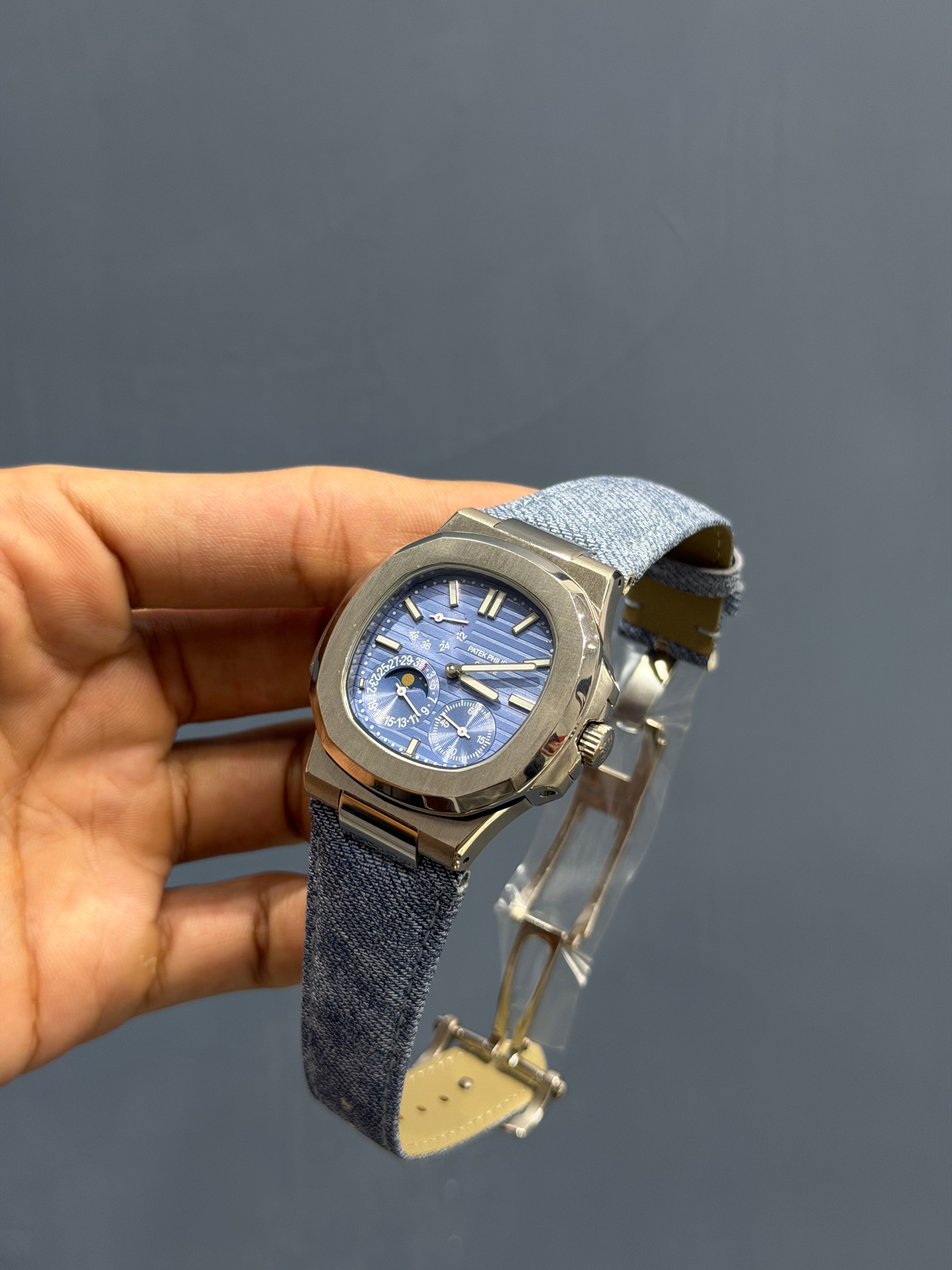 NEW COLLECTION MOON PHASE SILVER WITH SKY DIAL DEMIN STRAP AUTOMATIC WATCH