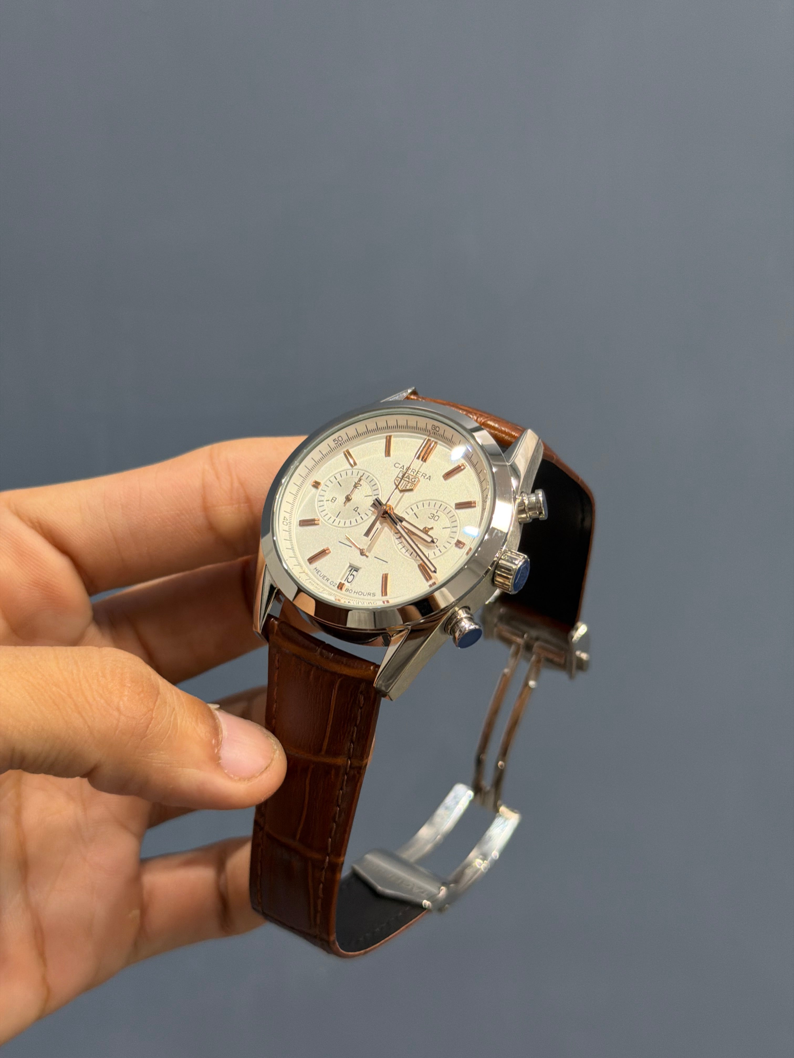 NEW COLLECTION CHRONOGRAPH SILVER CASE WITH DIAL LEATHER STRAP WATCH