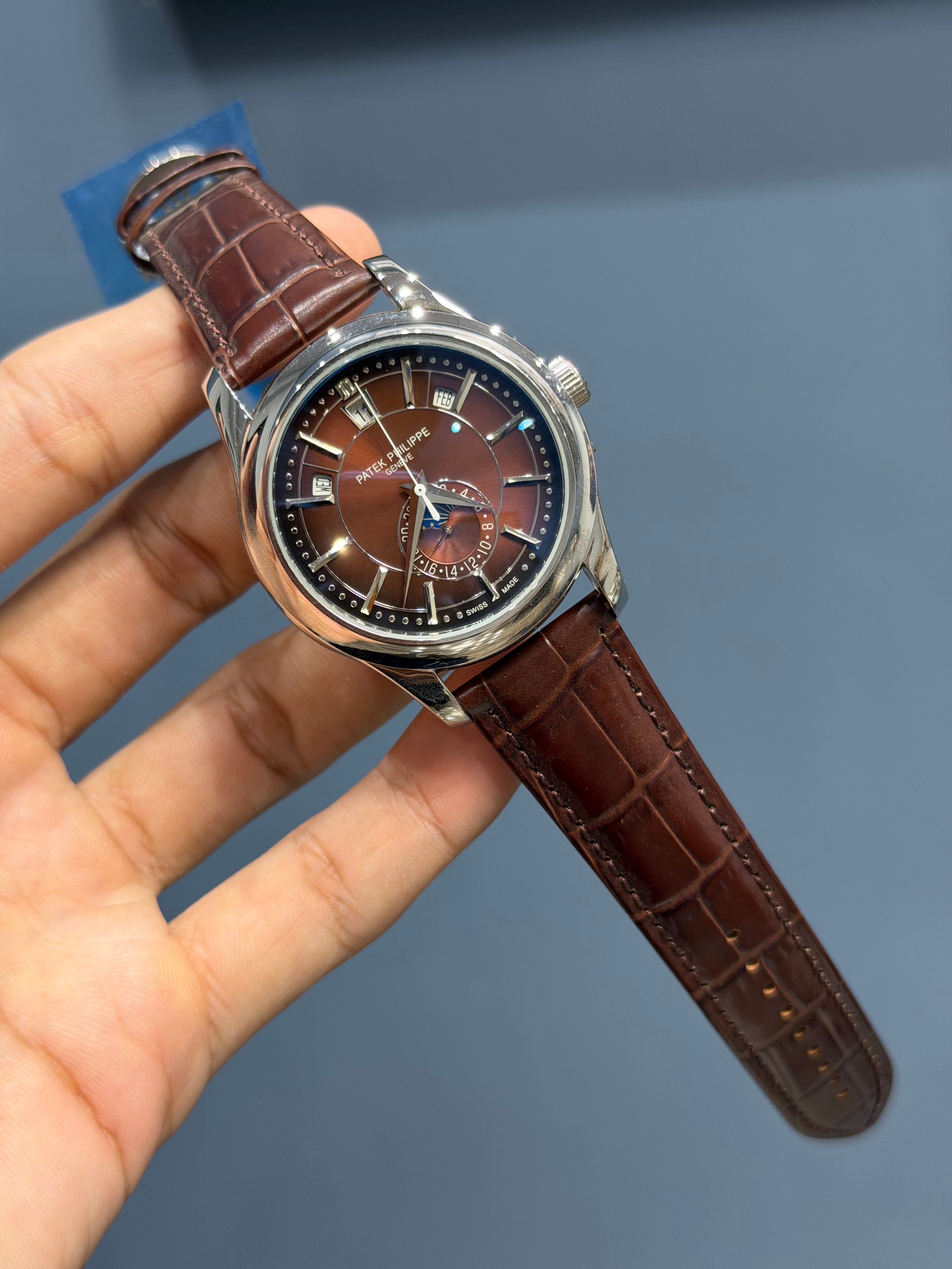 NEW COLLECTION MOON PHASE SILVER CASE WITH BROWN DIAL & LEATHER STRAP