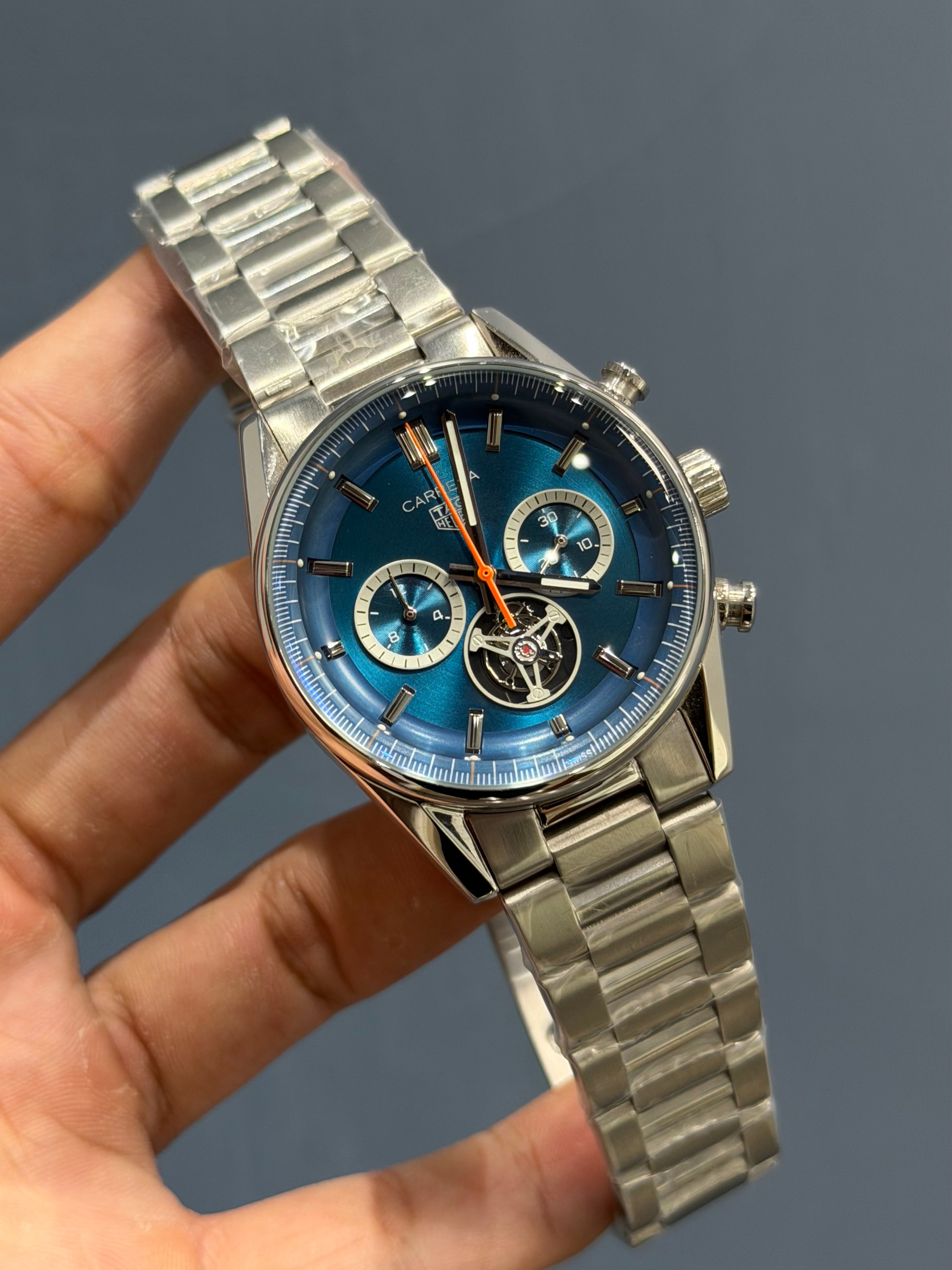 NEW COLLECTION CHRONOGRAPH PENDULUM SILVER WITH MINT BLUE DIAL MENS WATCH