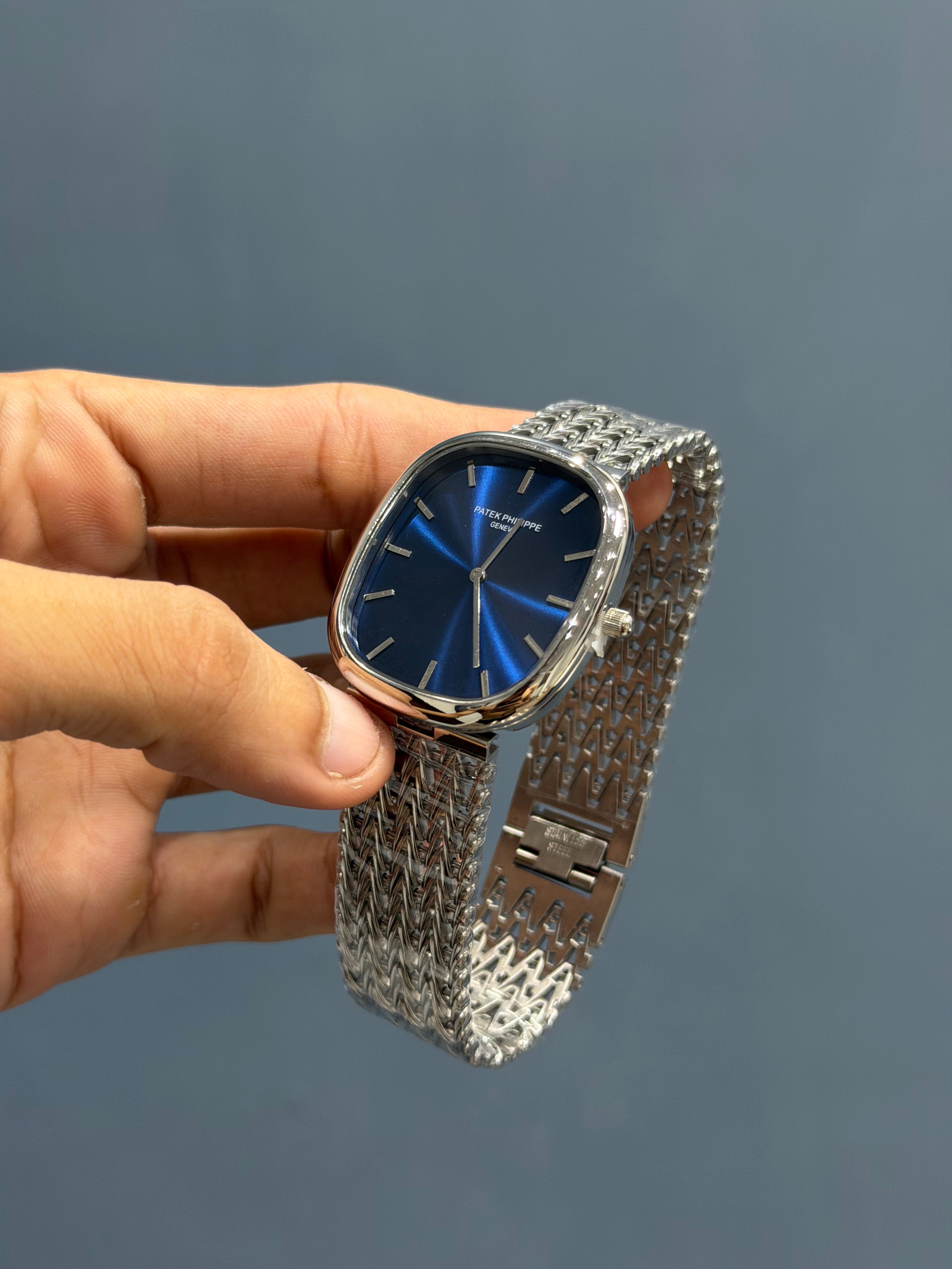 NEW COLLECTION SQUARE SILVER WITH BLUE DIAL CHAIN WATCH