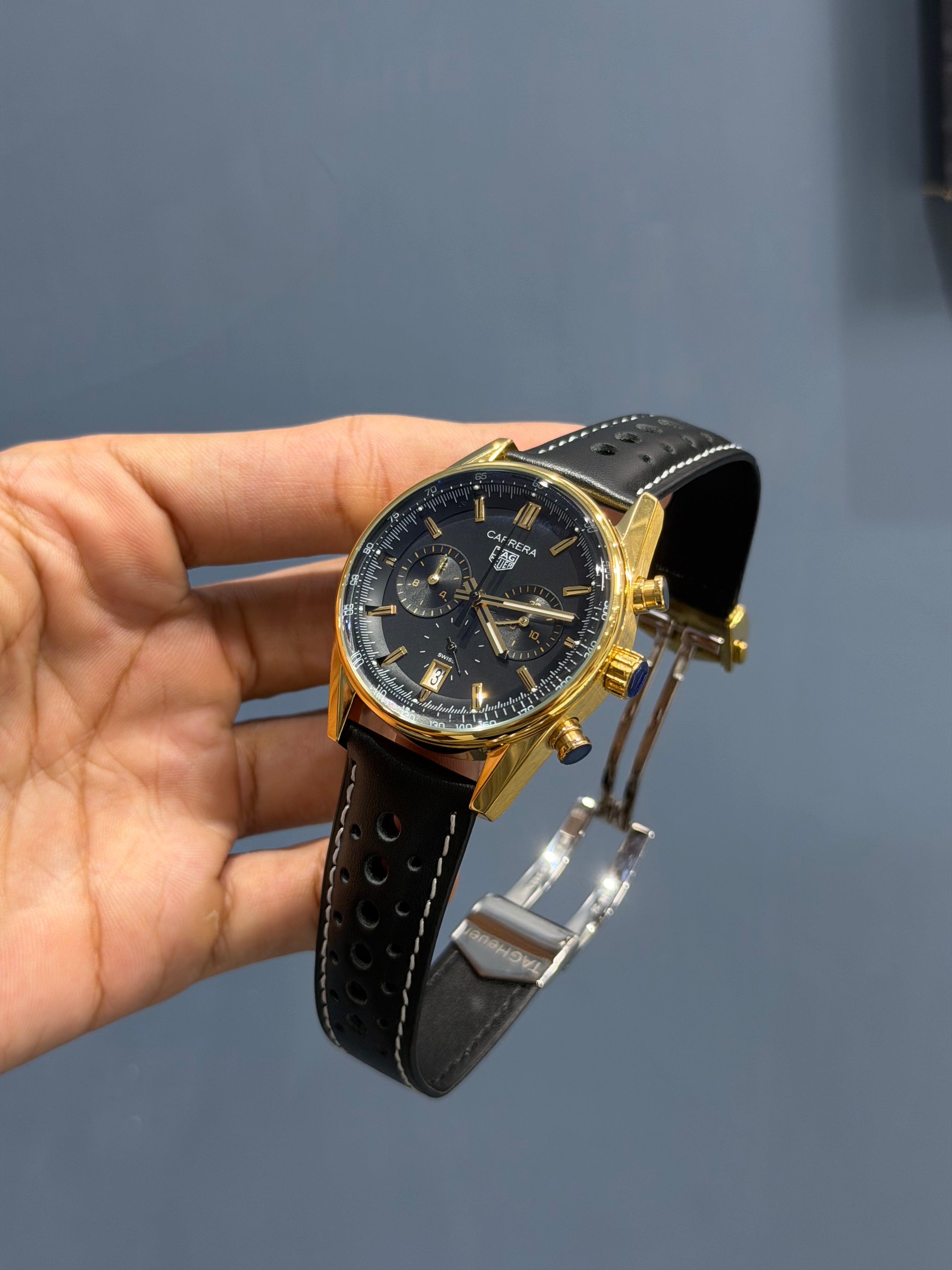 NEW COLLECTION CHRONOGRAPH GOLD CASE WITH BLACK DIAL & BEZEL WITH LEATHER STRAP