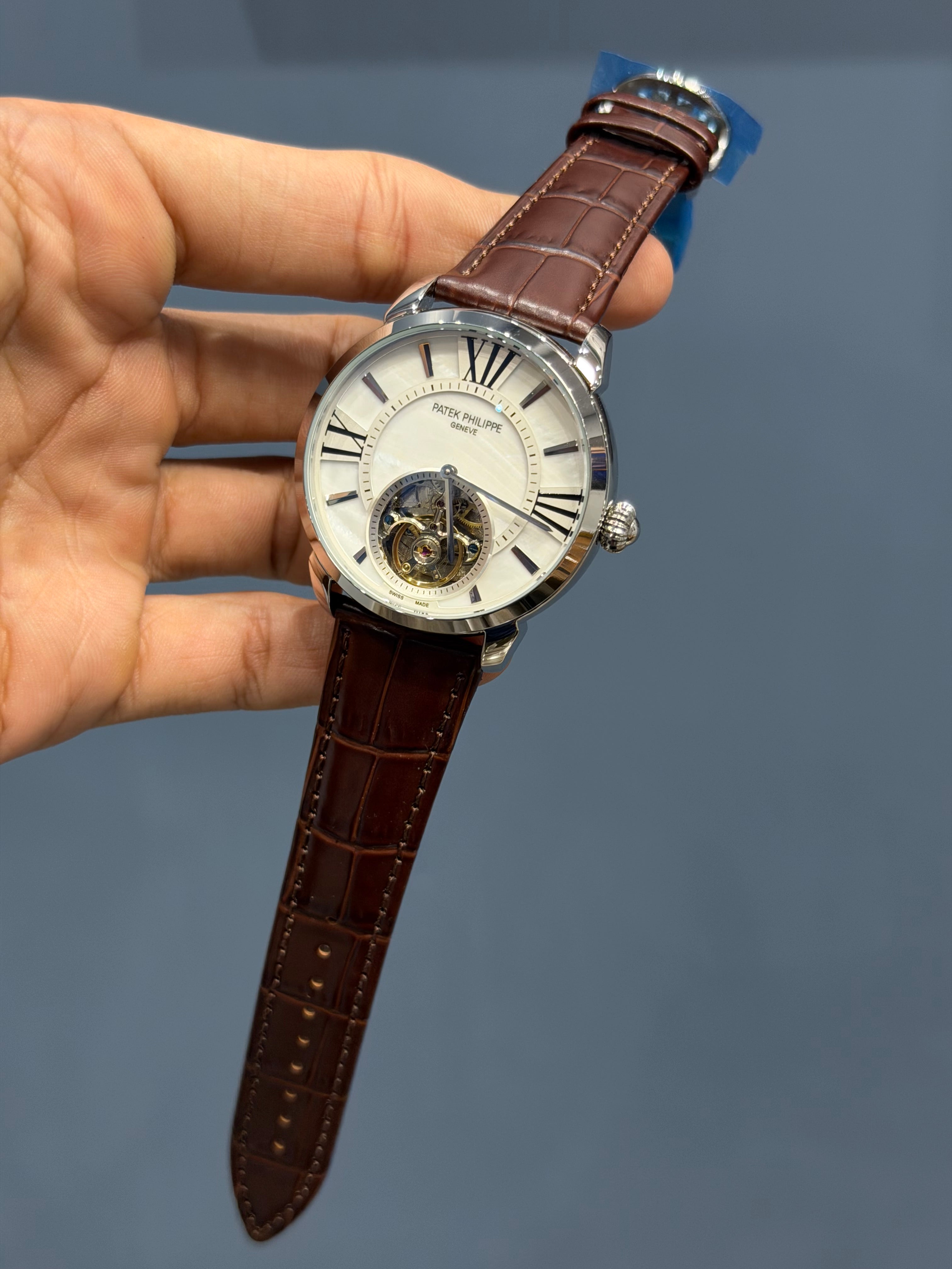 NEW COLLECTION TOURBILLON SILVER CASE WITH WHITE DIAL & BROWN LEATHER STRAP